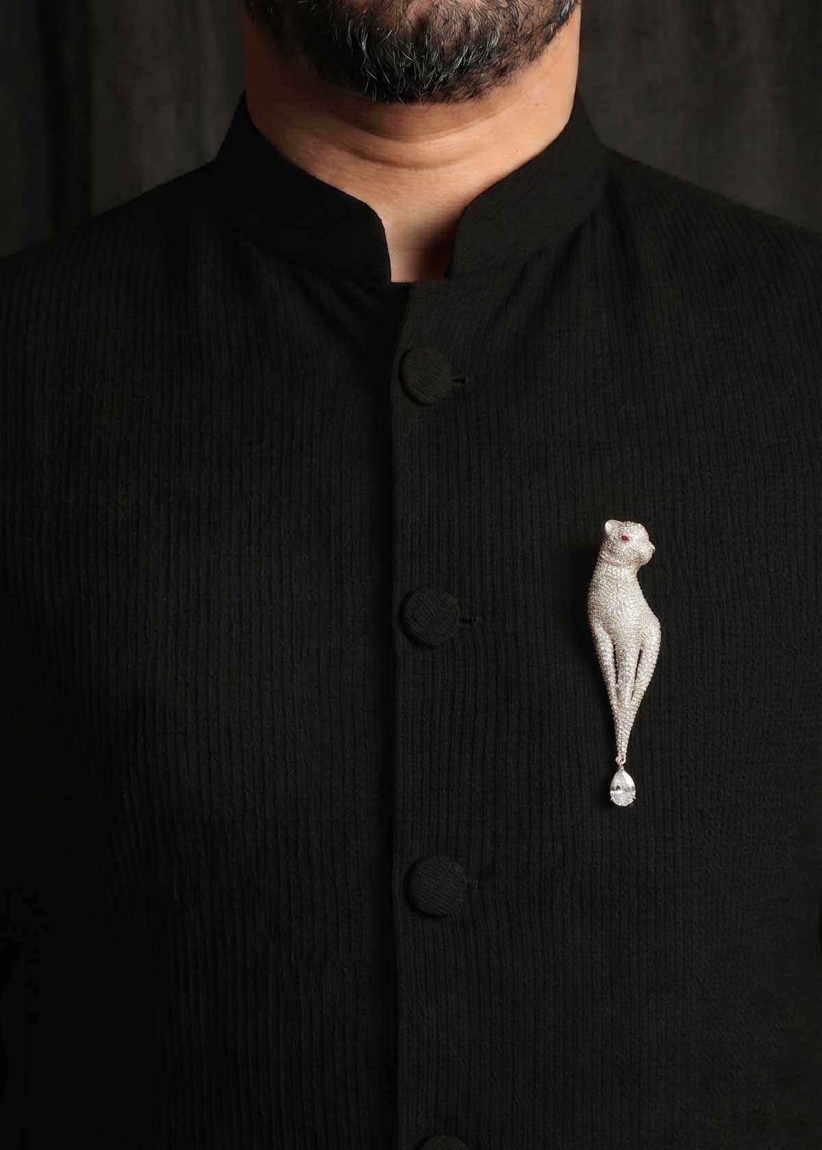 Signature Silver Plated Feline Brooch / Lapel Pin With Tear Cut Zircon Drop