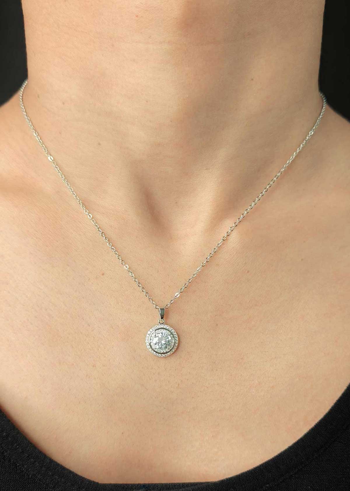 Classic Round Cut Halo Cubic Zircon Silver Plated Pendant Set With Chain