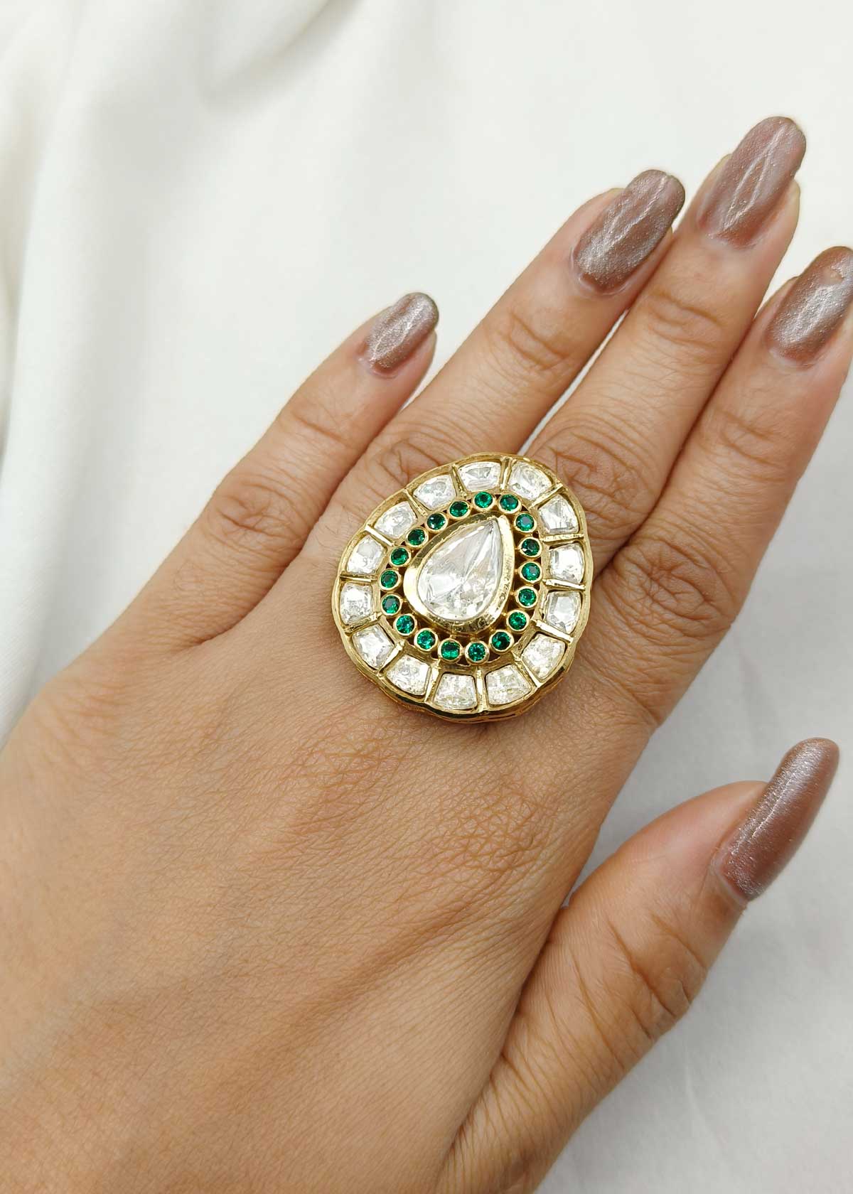 Traditional Gold Plated Kundan & Moissanite Adjustable Finger Ring