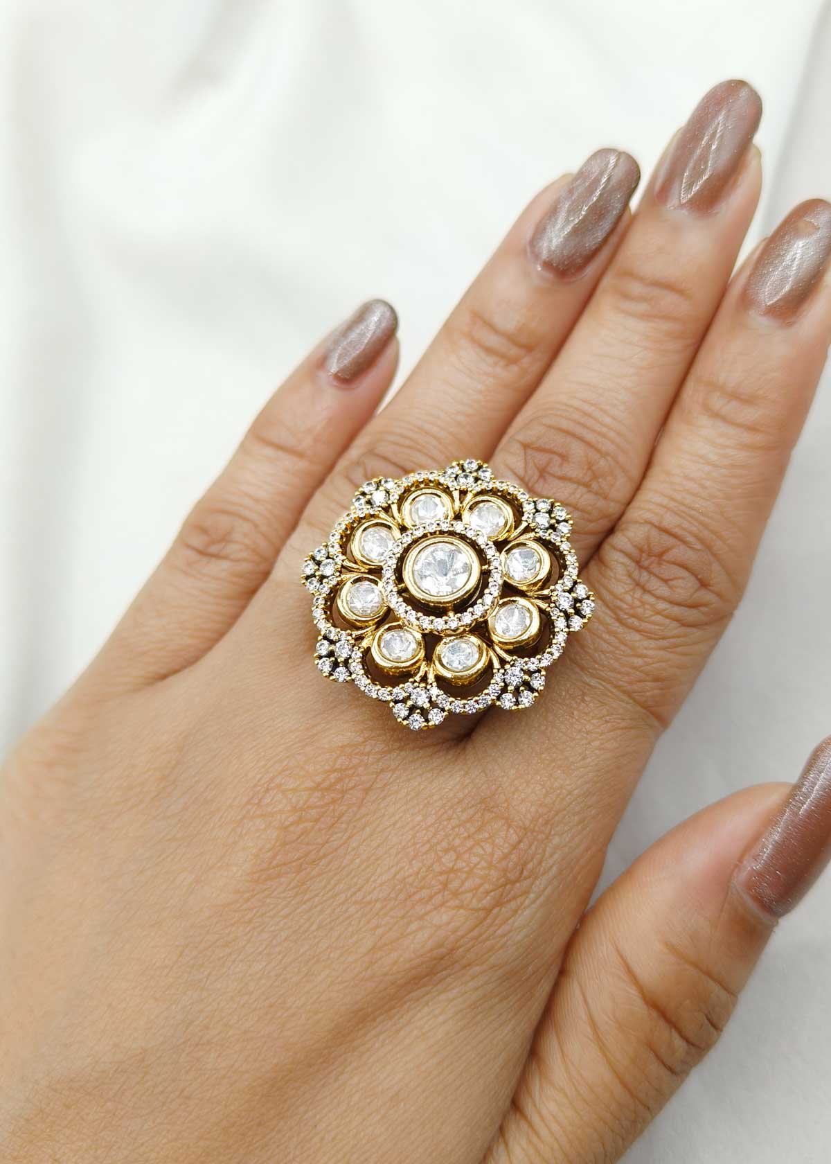 Classic Floral Circular Kundan & Cubic Zircon Gold-Plated Adjustable Ring