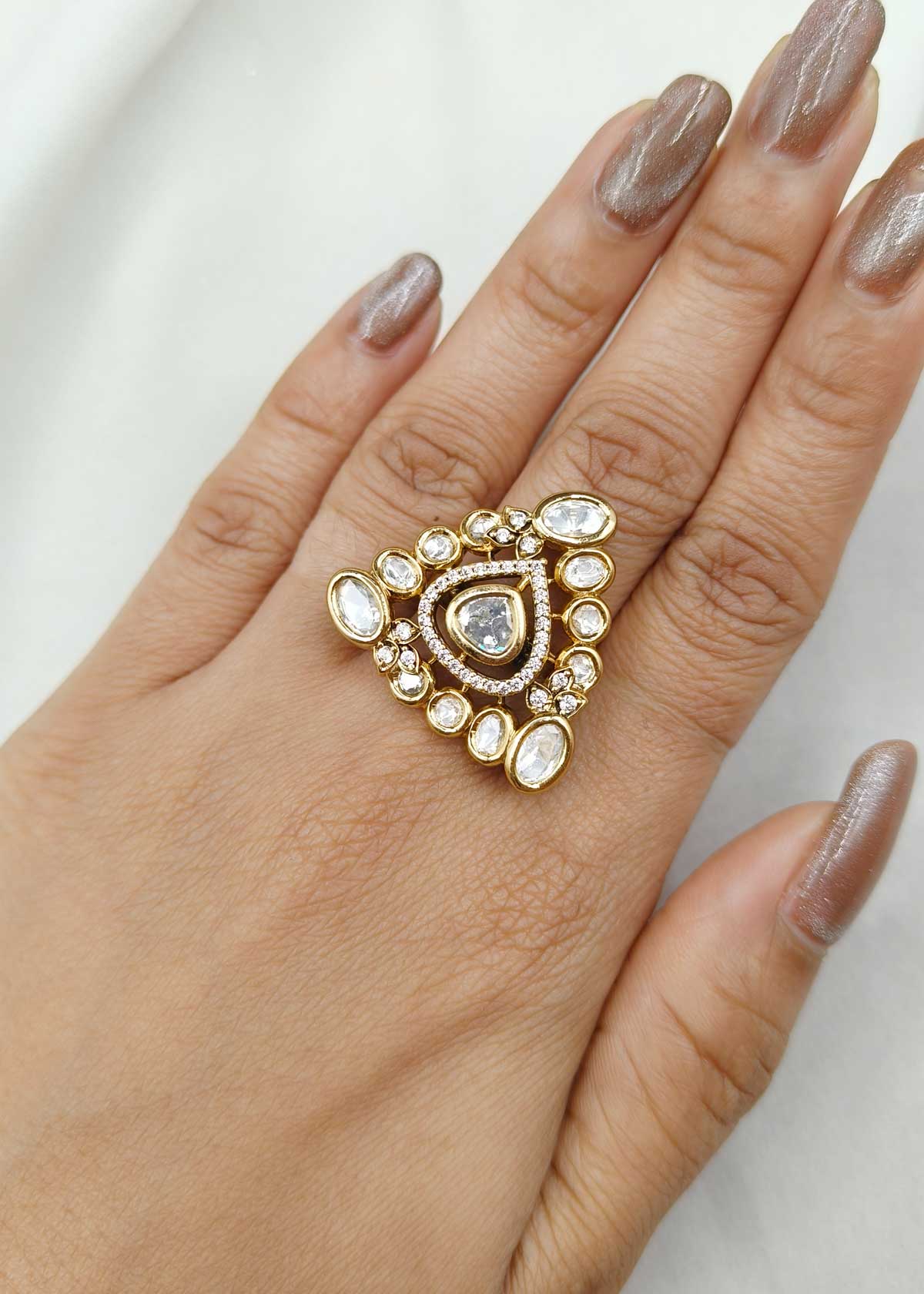 Contemporary Triangular Kundan & Cubic Zircon Gold-Plated Adjustable Ring