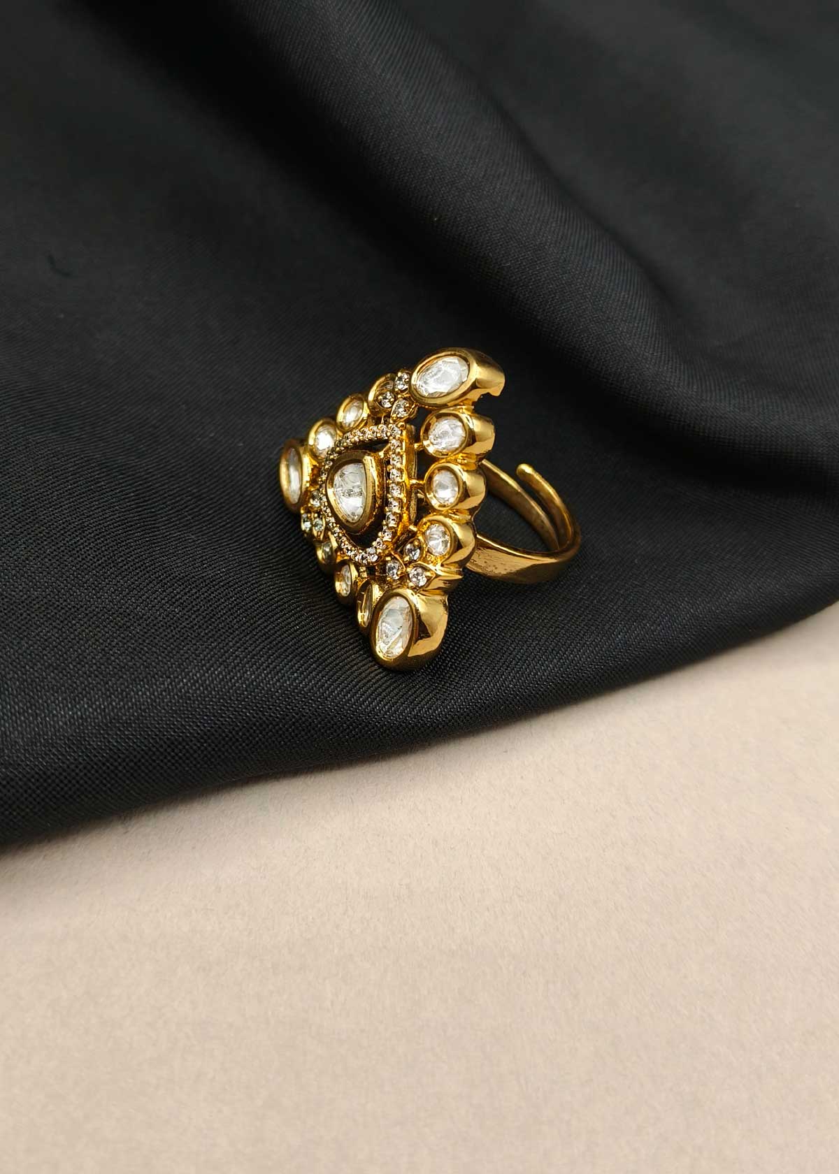 Contemporary Triangular Kundan & Cubic Zircon Gold-Plated Adjustable Ring