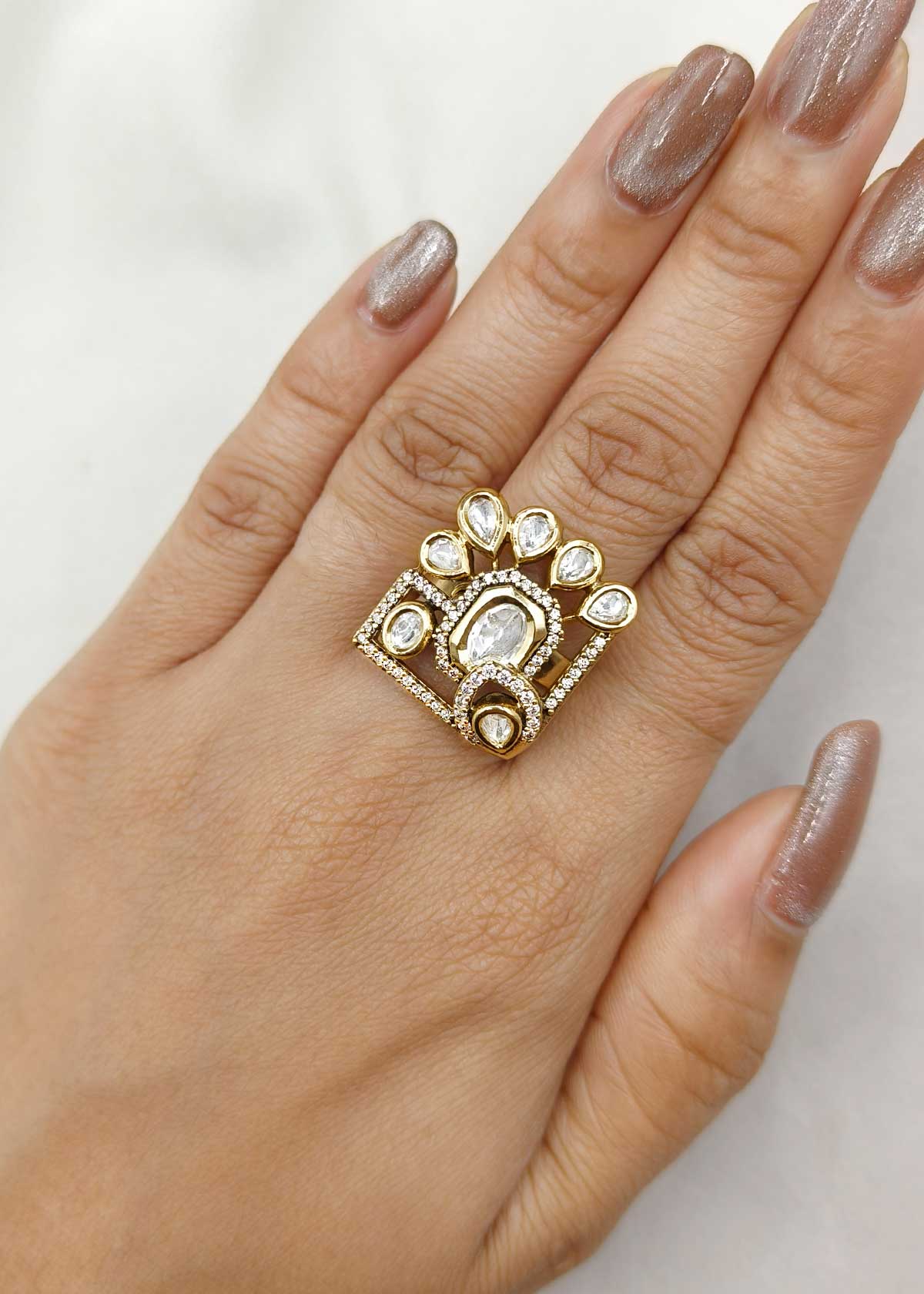 Regal Geometric Kundan And Cubic Zircon Gold Plated Adjustable Finger Ring