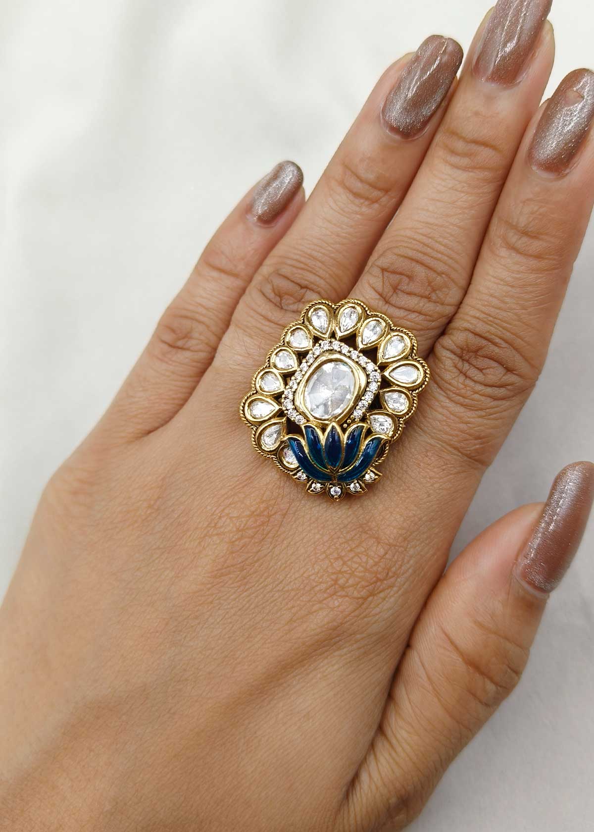 Lotus Motif Meenakari Gold Plated Kundan & Cubic Zircon Adjustable Ring