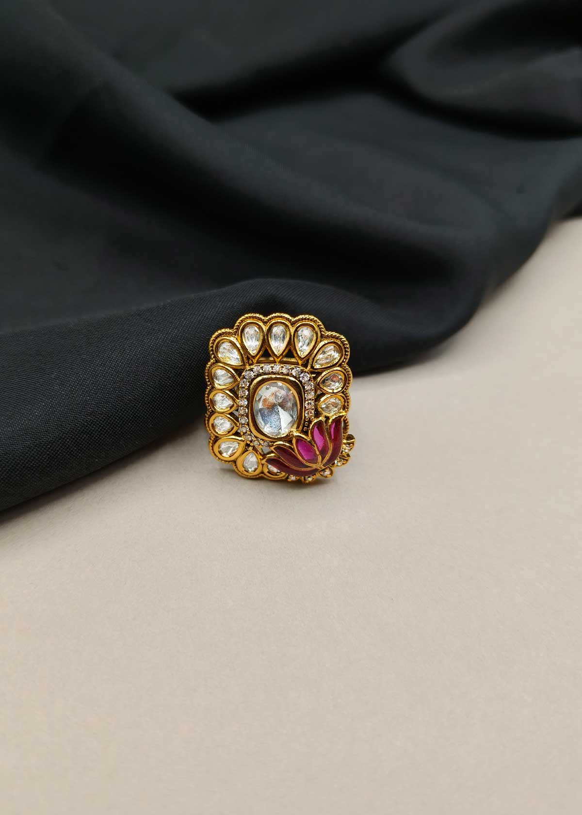 Lotus Motif Meenakari Gold Plated Kundan & Cubic Zircon Adjustable Ring
