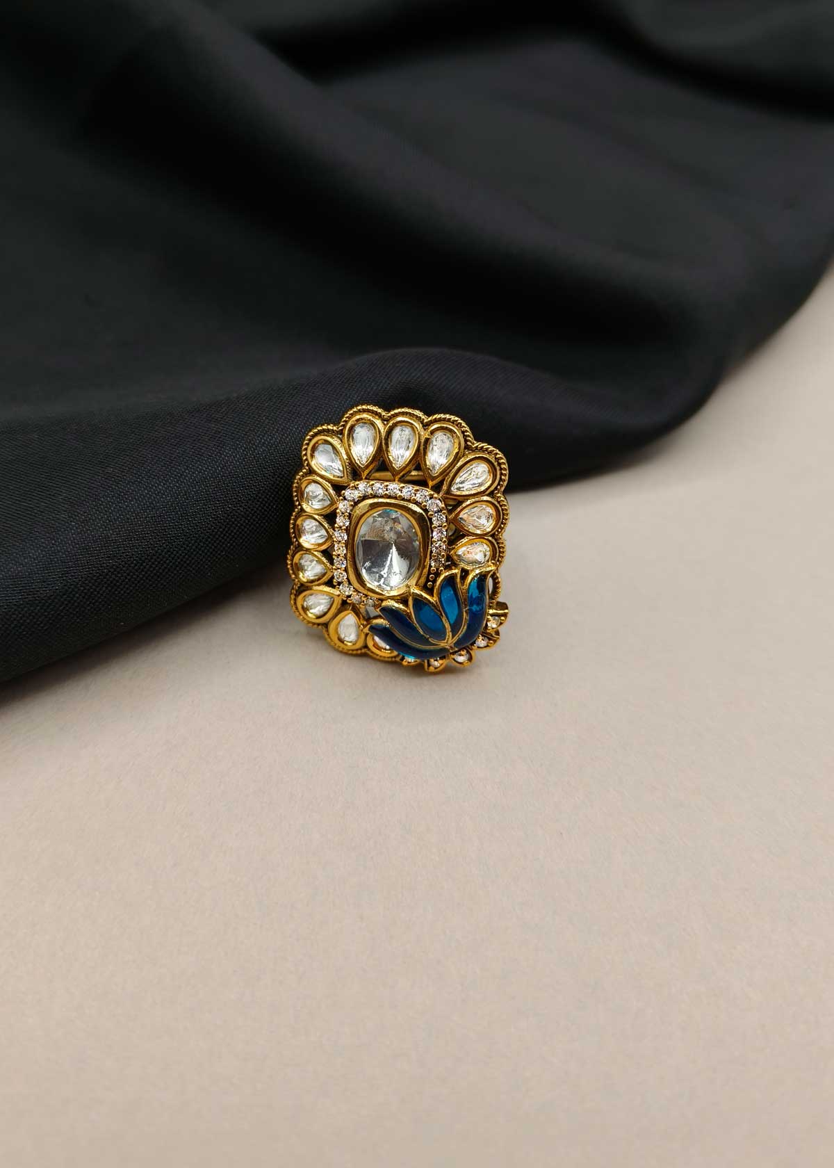 Lotus Motif Meenakari Gold Plated Kundan & Cubic Zircon Adjustable Ring