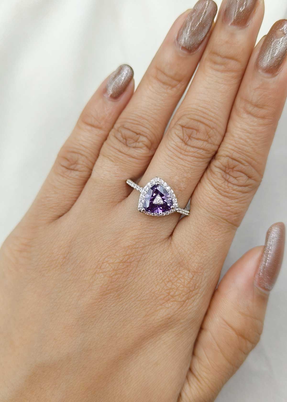 Sparkling Cubic Zircon & Colorstone Triangle Silver Plated Adjustable Ring