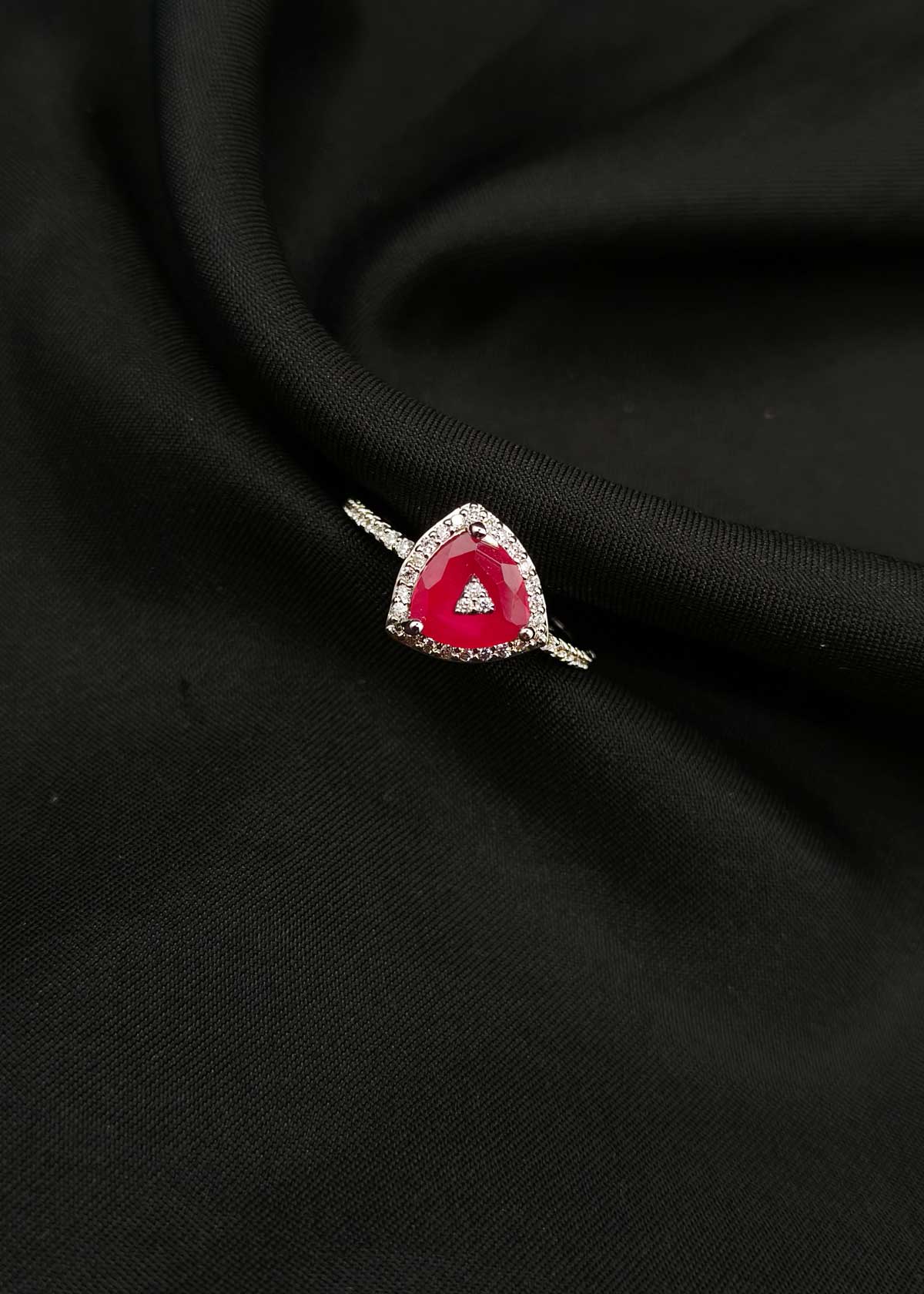 Sparkling Cubic Zircon & Colorstone Triangle Silver Plated Adjustable Ring