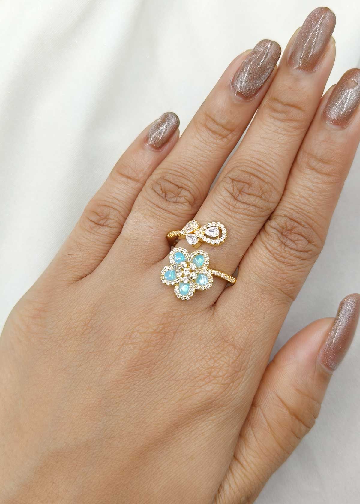 Open Wrap Floral Meenakari And Cubic Zircon Gold Plated Adjustable Ring