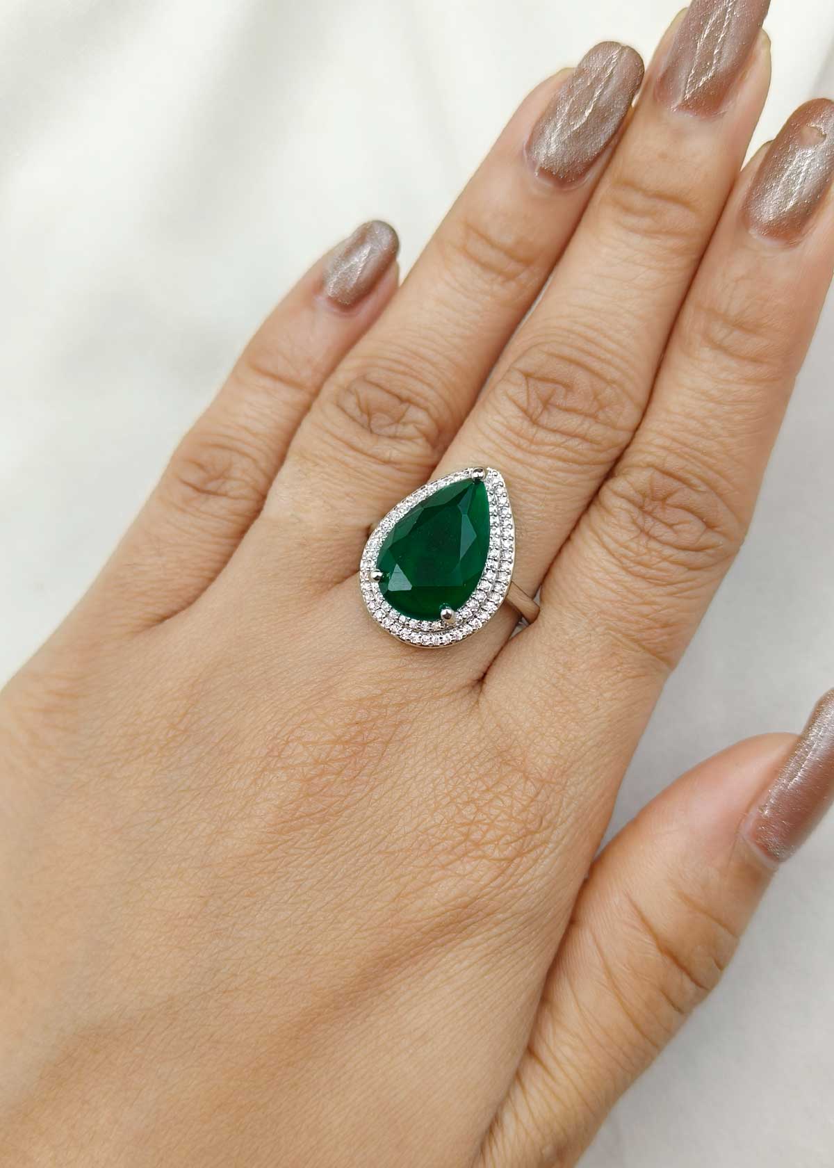 Royal Teardrop Colorstone And Cubic Zircon Silver Plated Adjustable Ring