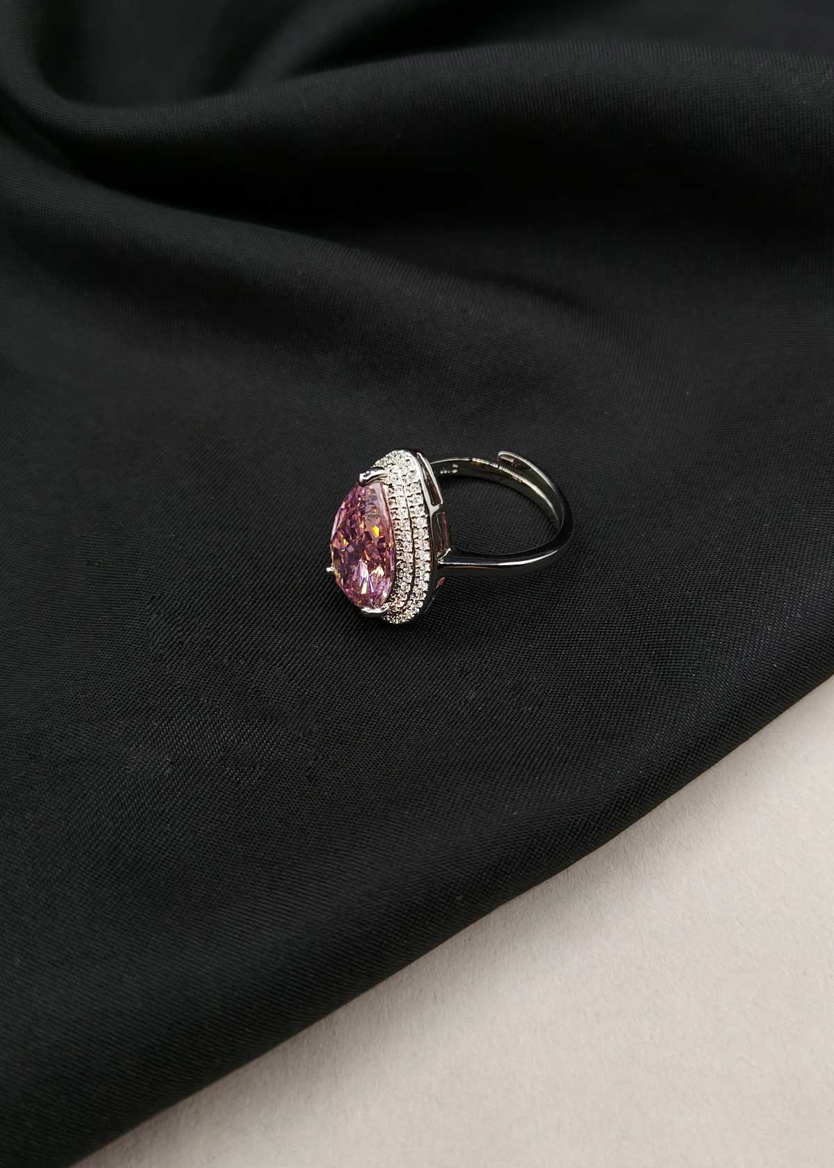 Royal Teardrop Colorstone And Cubic Zircon Silver Plated Adjustable Ring