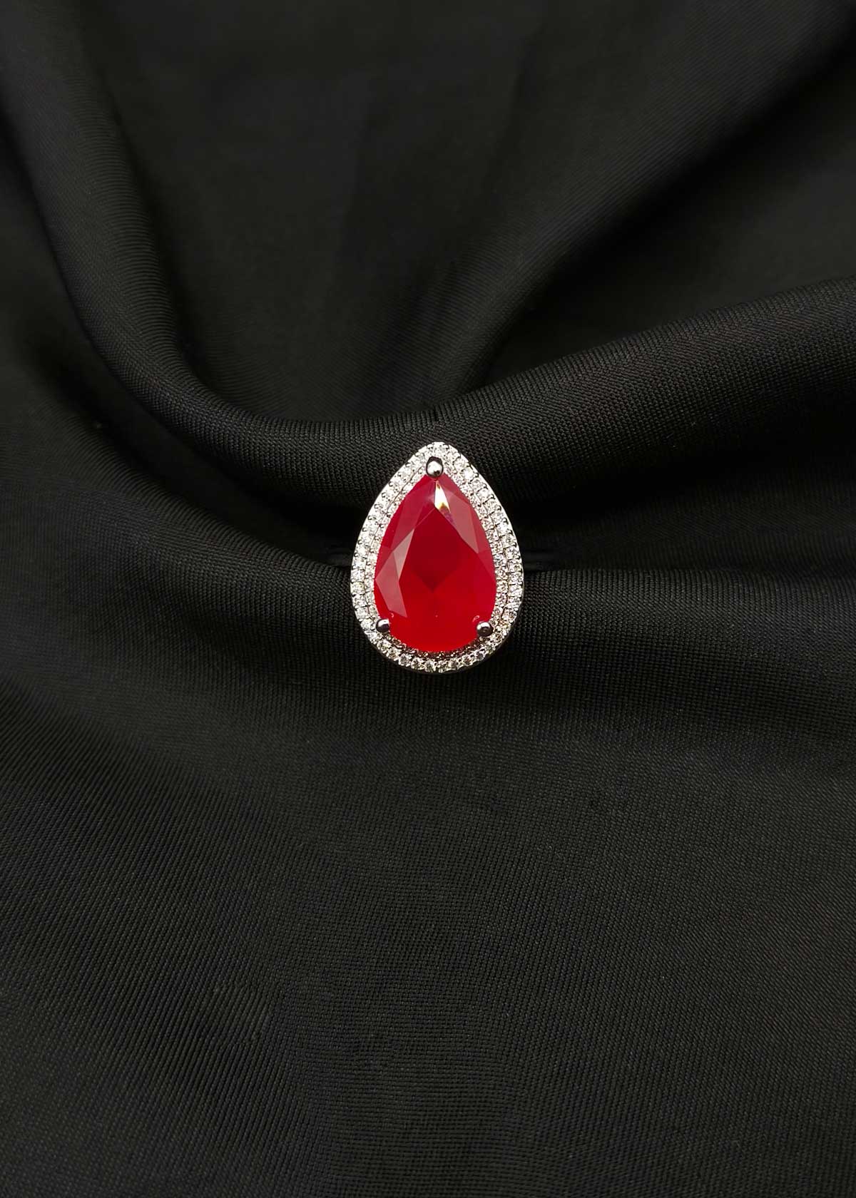 Royal Teardrop Colorstone And Cubic Zircon Silver Plated Adjustable Ring