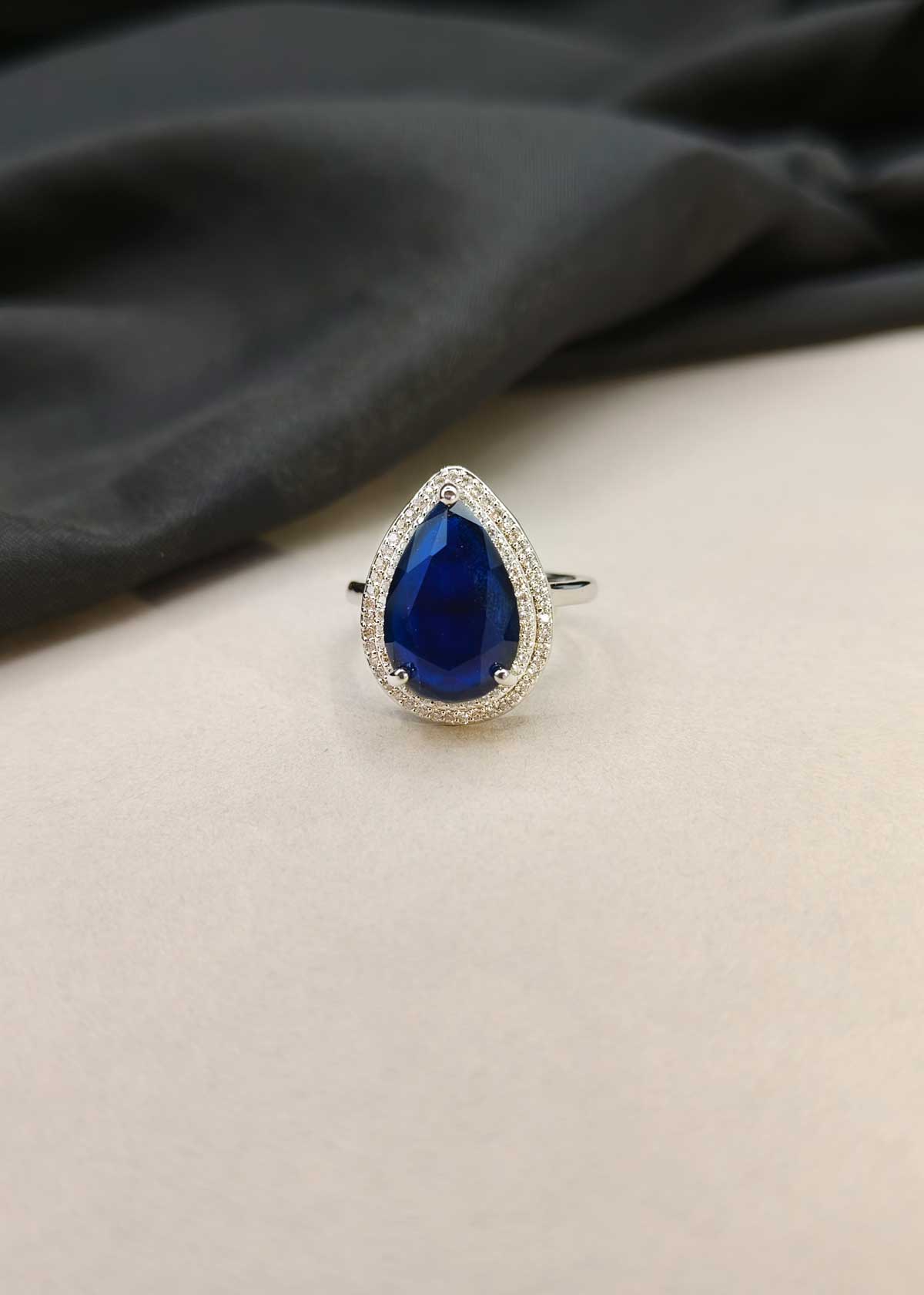 Royal Teardrop Colorstone And Cubic Zircon Silver Plated Adjustable Ring