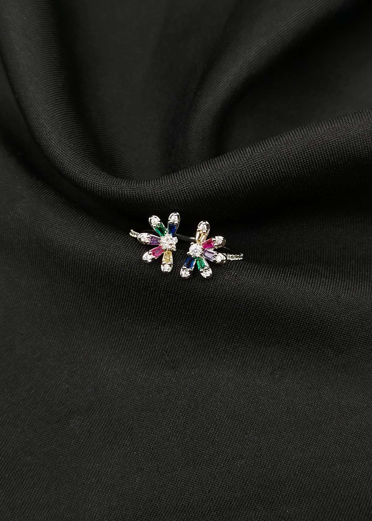 Chic Multicolor Baguette And Cubic Zircon Floral Gold & Silver Plated Adjustable Ring