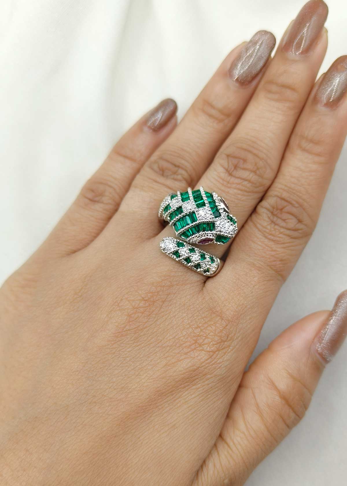 Green Baguette Cubic Zircon Snake Motif Silver-Plated Adjustable Ring