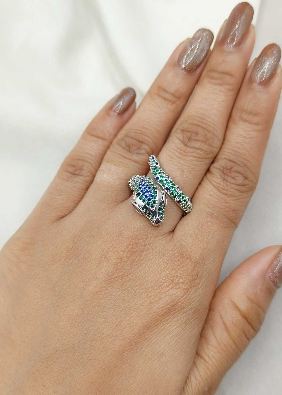 Vibrant Silver-Plated Cubic Zircon Snake Bypass Adjustable Finger Ring