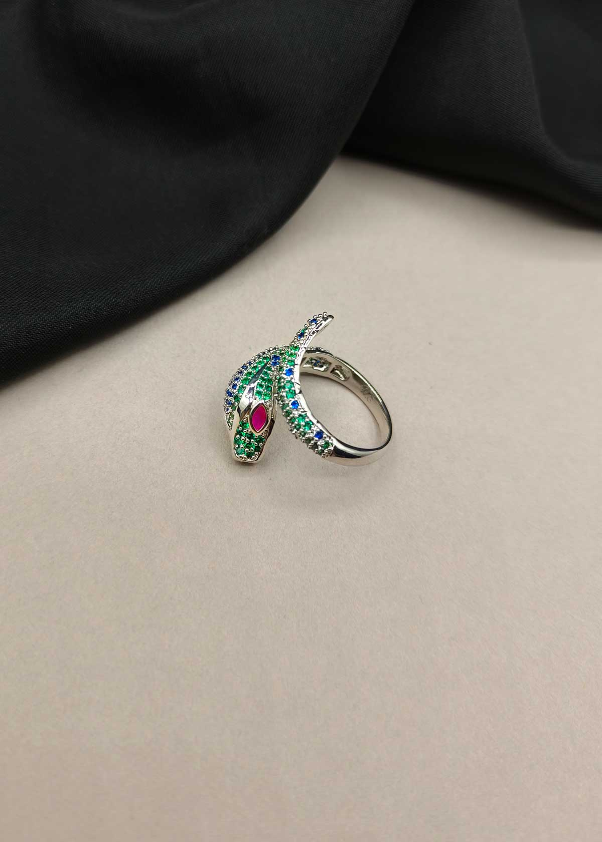 Vibrant Silver-Plated Cubic Zircon Snake Bypass Adjustable Finger Ring