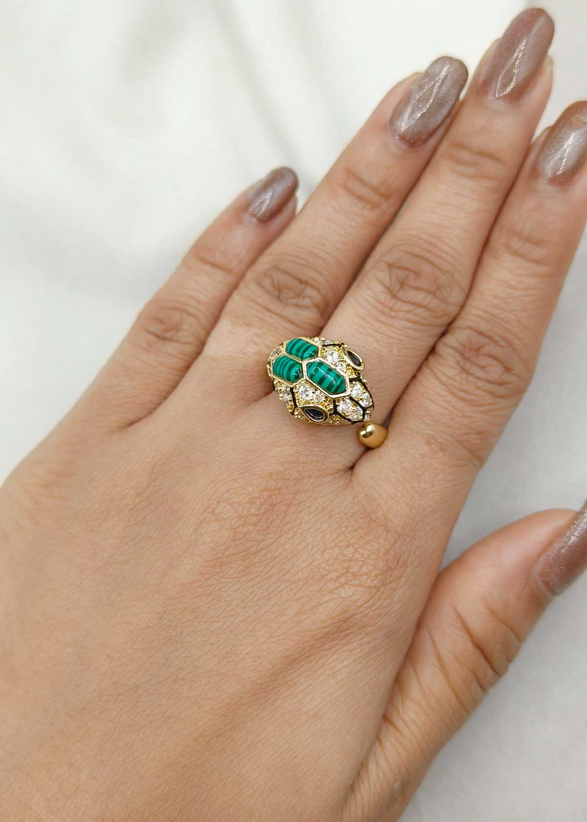 Exotic Green Meenakari Cubic Zircon Gold-Plated Snake Adjustable Finger Ring