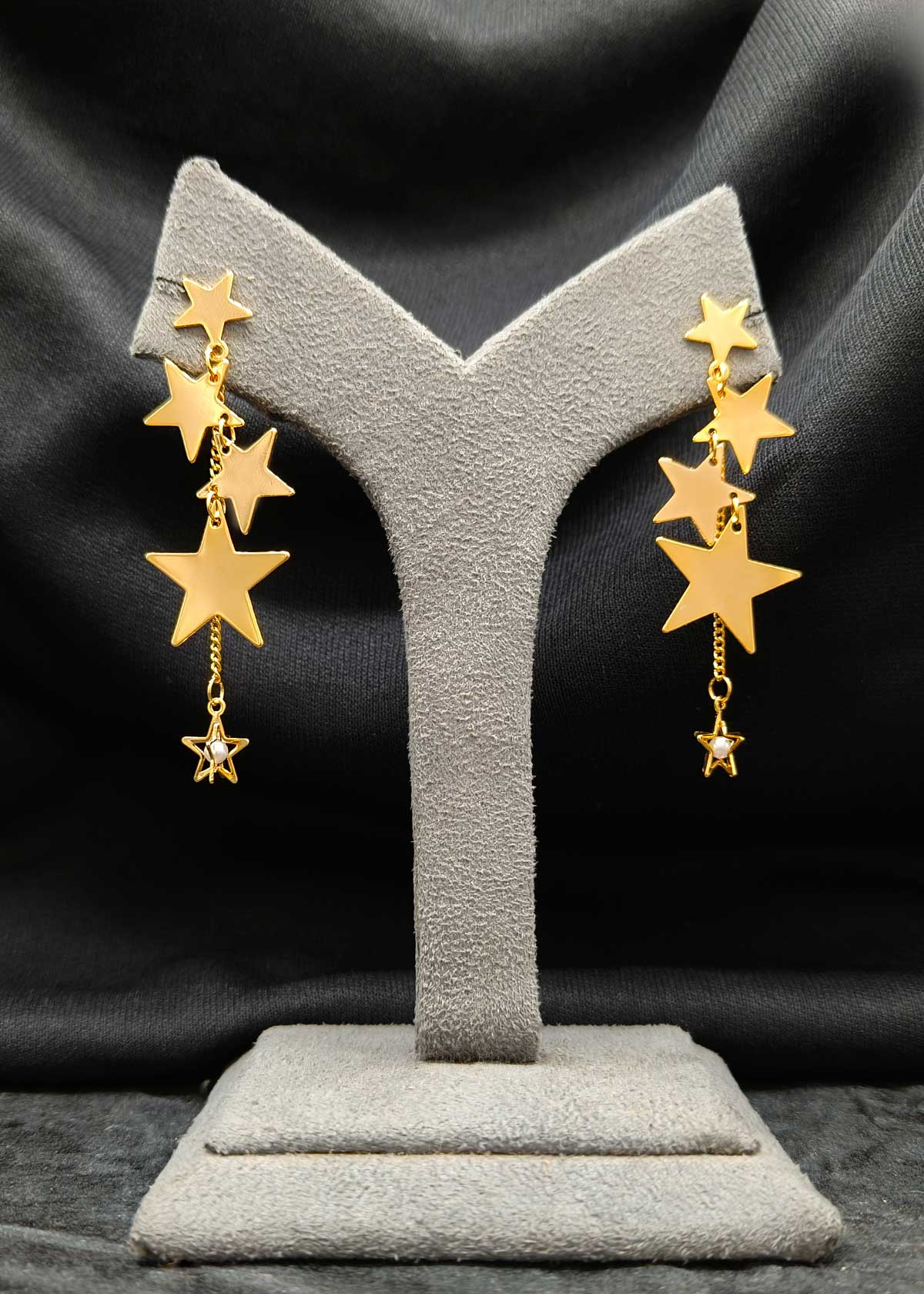 Glossy Gold Plated Multi-Star Hanging Earrings With Pearl