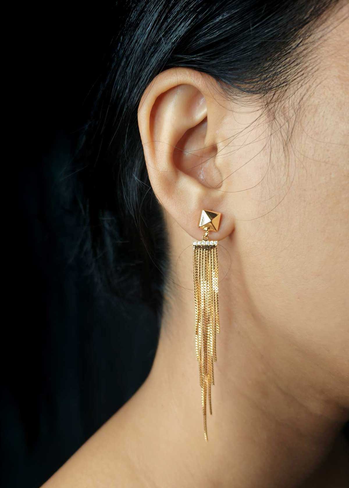 Gold Plated Pyramid Stud Cubic Zircon Shimmering Chain Dangle Earrings