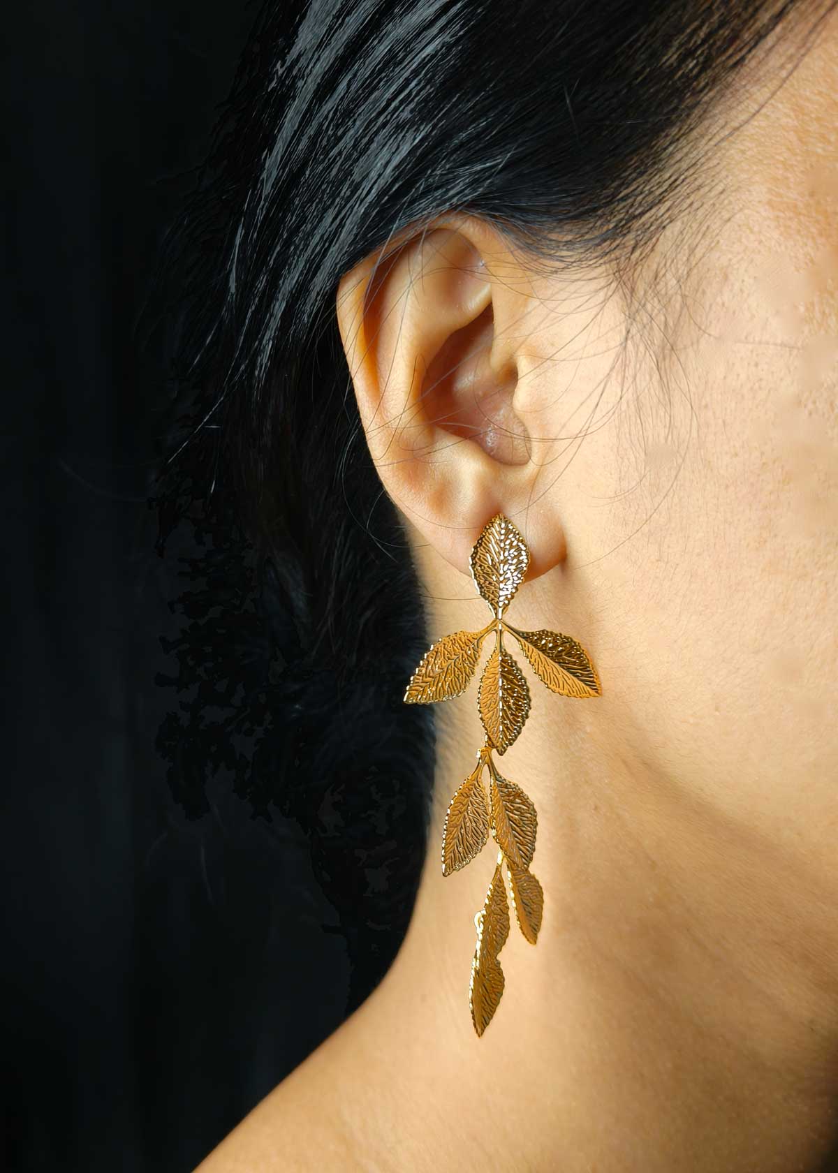 Gold Plated Textured Multi-Leaf Drop Long Statement Earrings