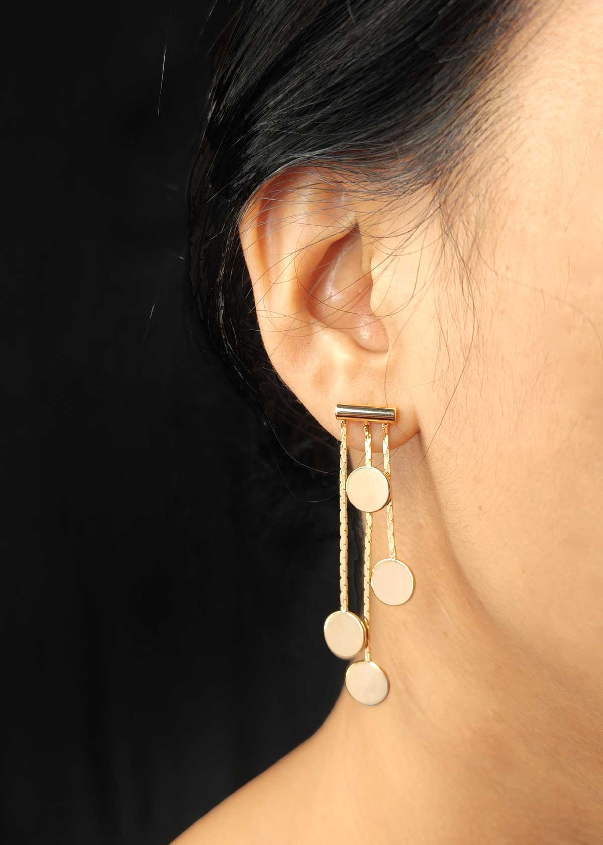 Contemporary Gold Plated Linear Bar And Tiered Circular Disc Earrings