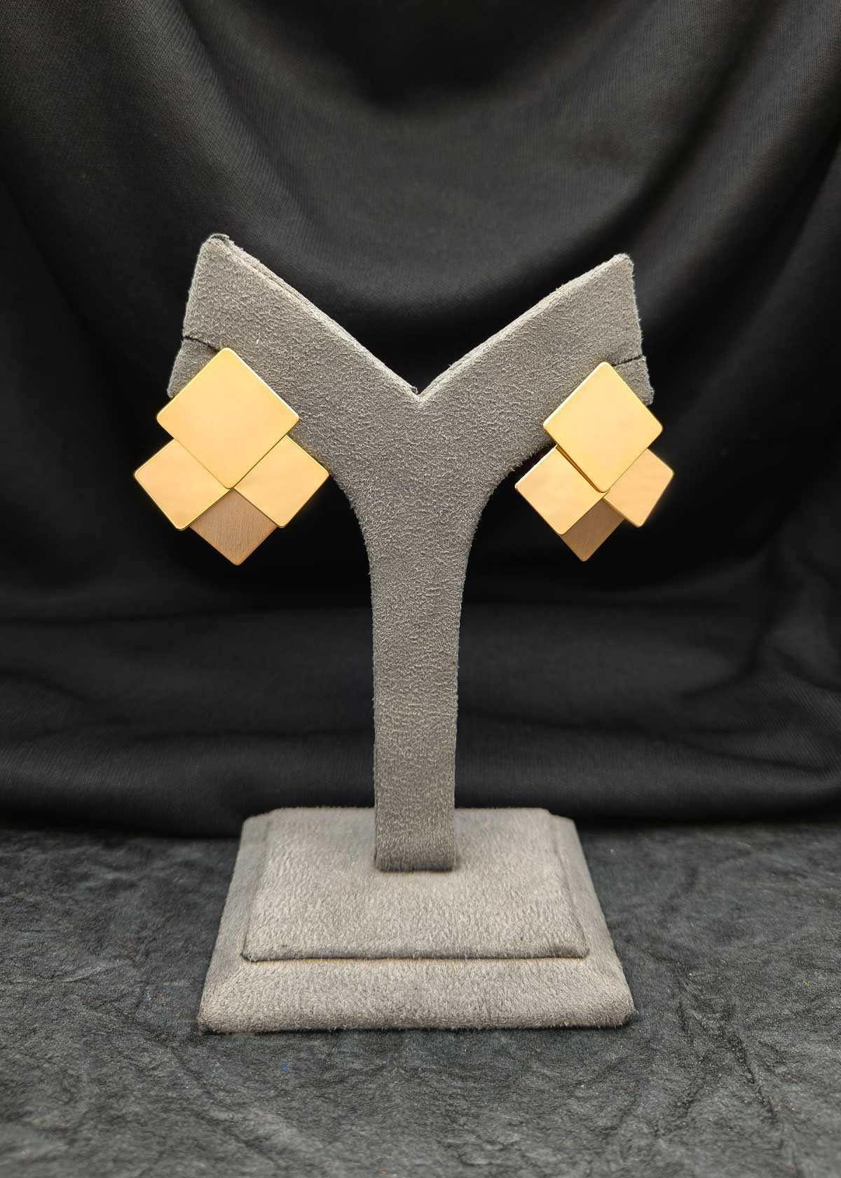 Matt And Glossy Gold Plated Triple Layer Square Stud Earrings
