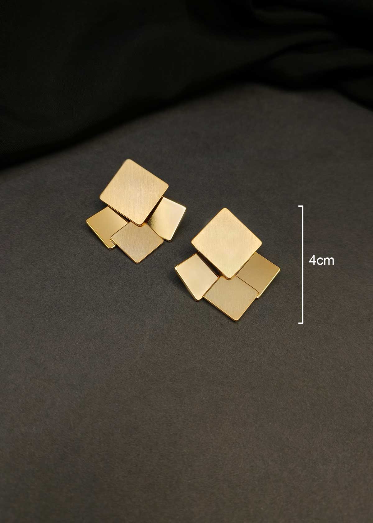 Matt And Glossy Gold Plated Triple Layer Square Stud Earrings