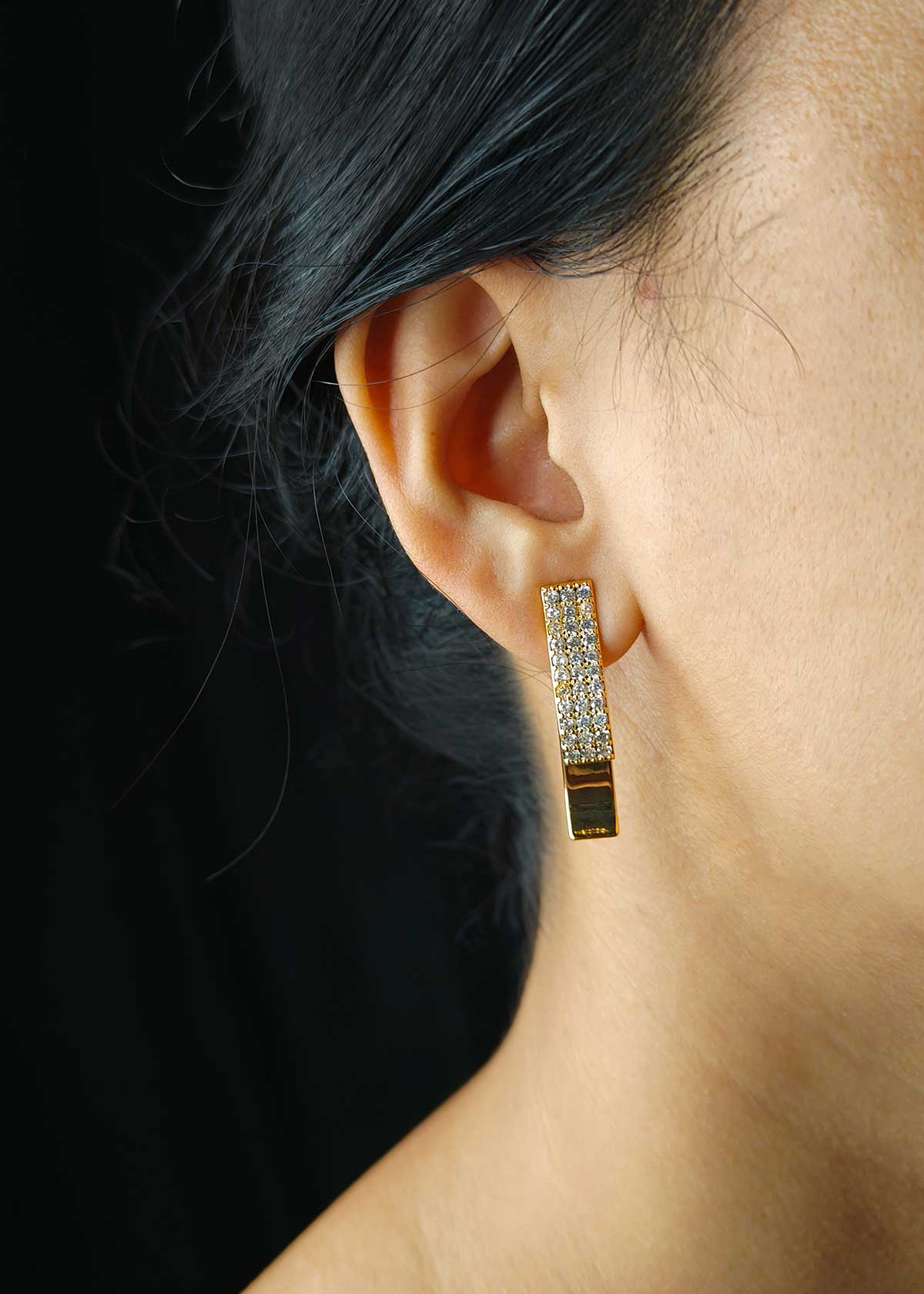 Gold Plated Cubic Zircon Pave Curved J-Hoop Earrings