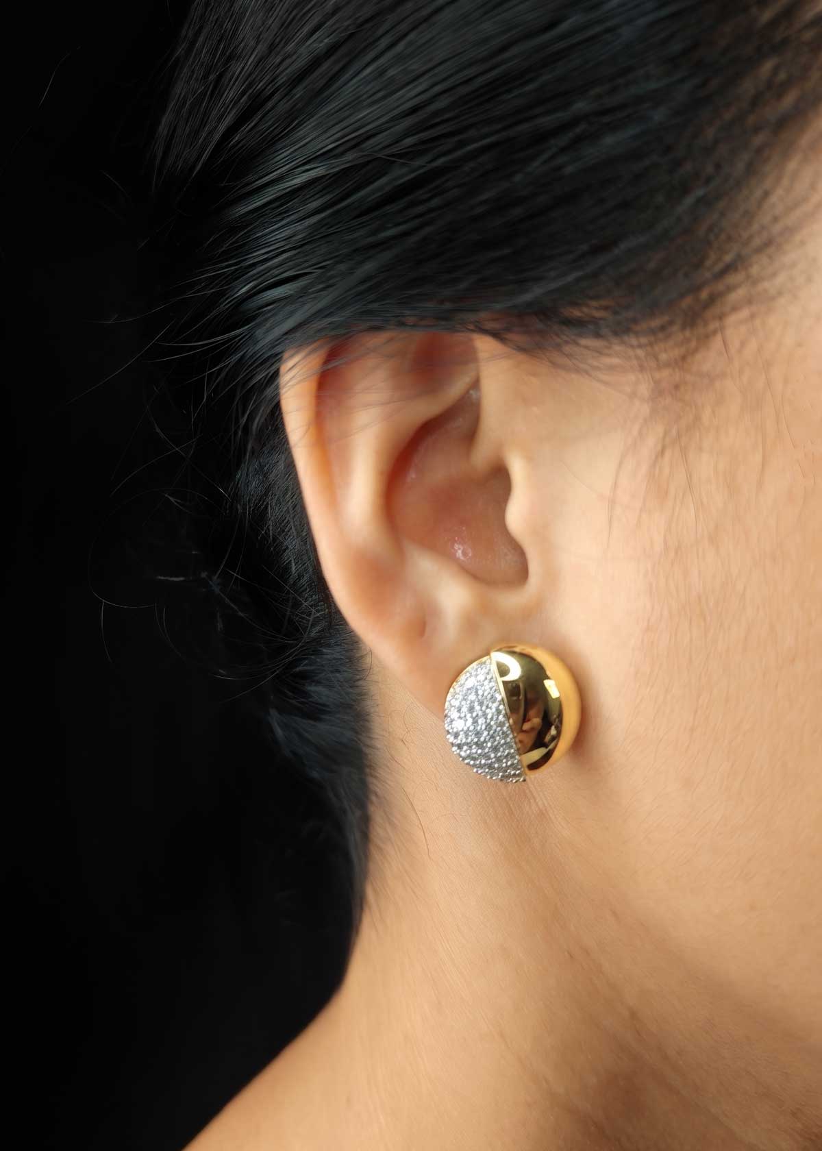 Trendy Gold Plated Dual-Tone Cubic Zircon Pave Half-Circle Stud Earrings