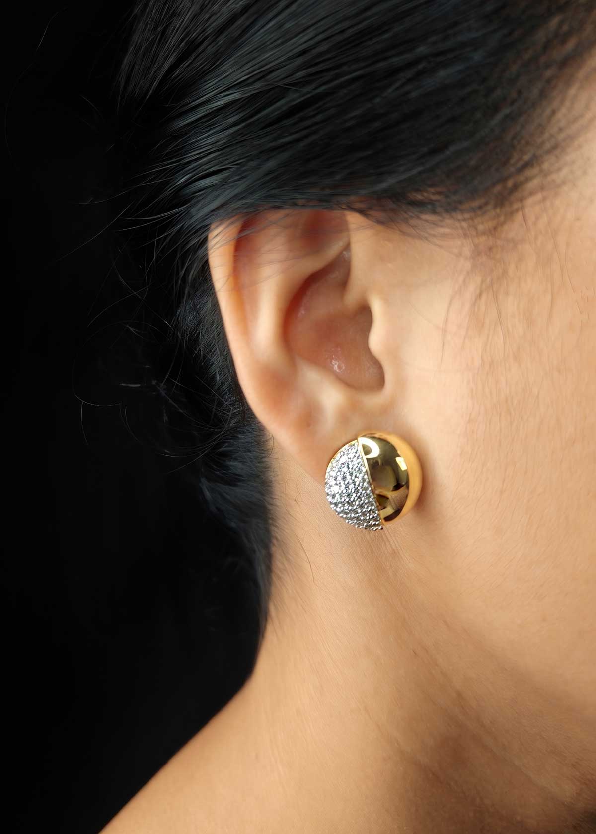 Trendy Gold Plated Dual-Tone Cubic Zircon Pave Half-Circle Stud Earrings