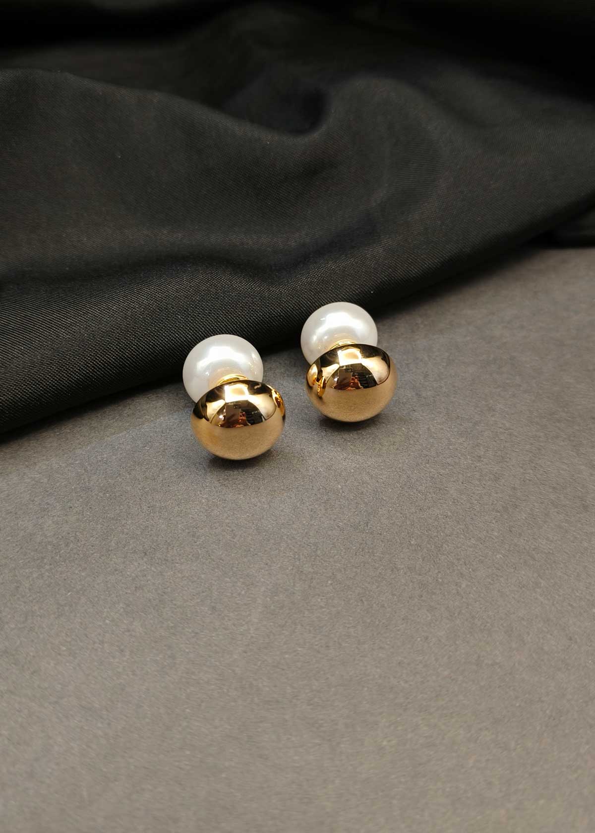 Stunning Gold Plated Double-Sided Pearl & Gold Ball Stud Earrings