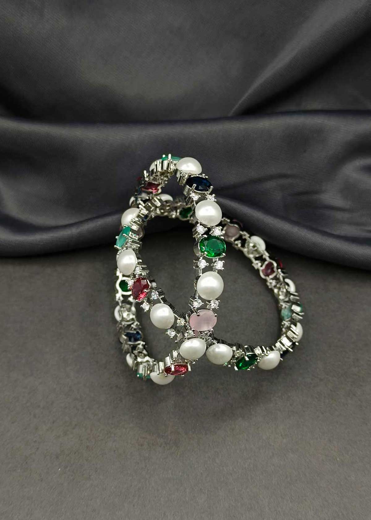 Classic Elegance Pearl & Gemstone Gold And Silver Plated Fusion Fixed Bangles (Pair)