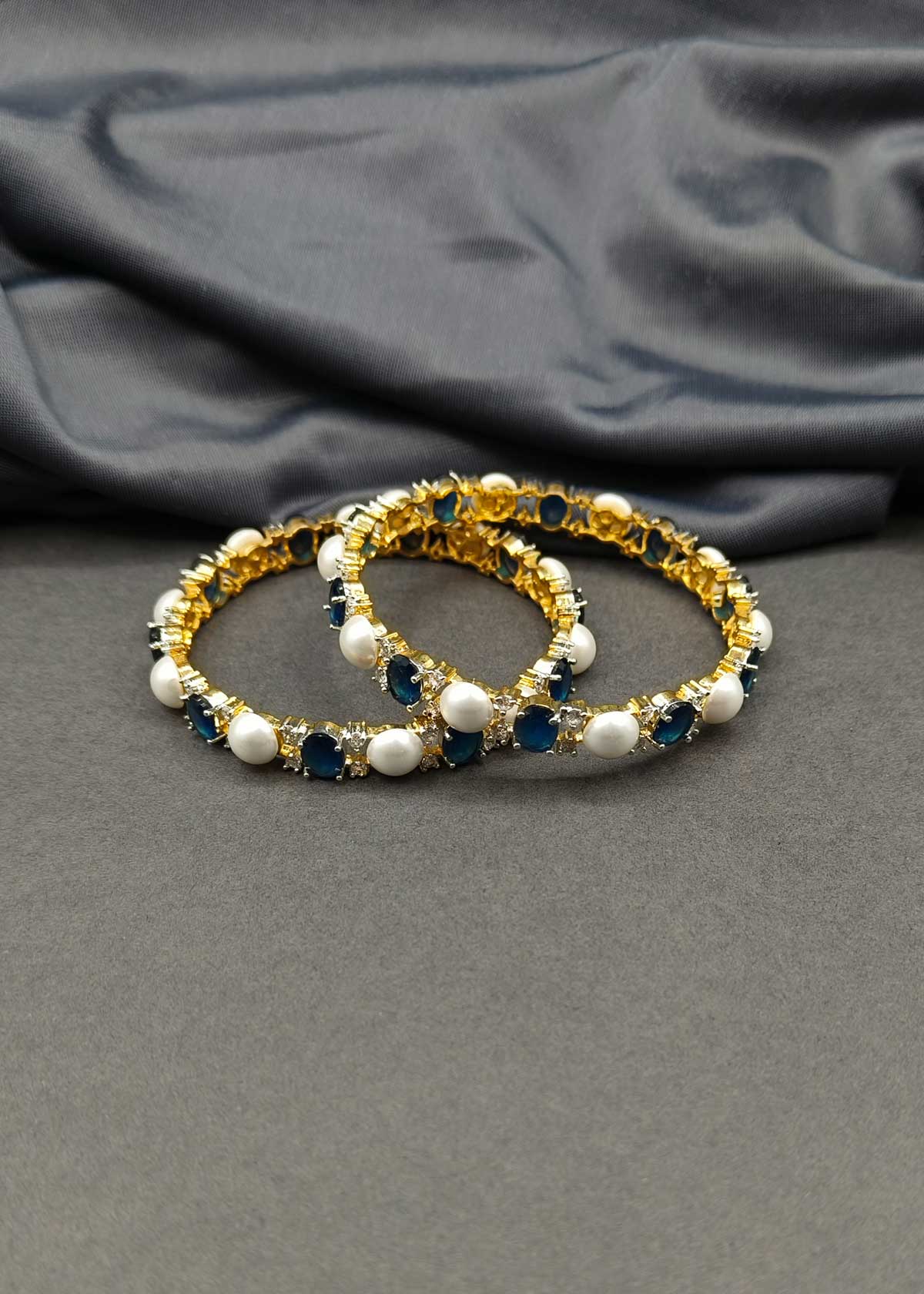 Classic Elegance Pearl & Gemstone Gold And Silver Plated Fusion Fixed Bangles (Pair)