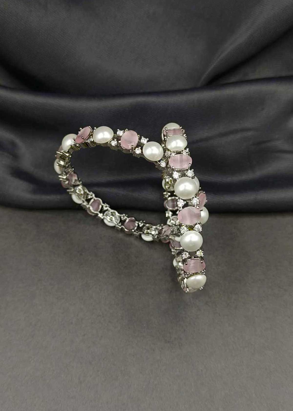 Classic Elegance Pearl & Gemstone Gold And Silver Plated Fusion Fixed Bangles (Pair)
