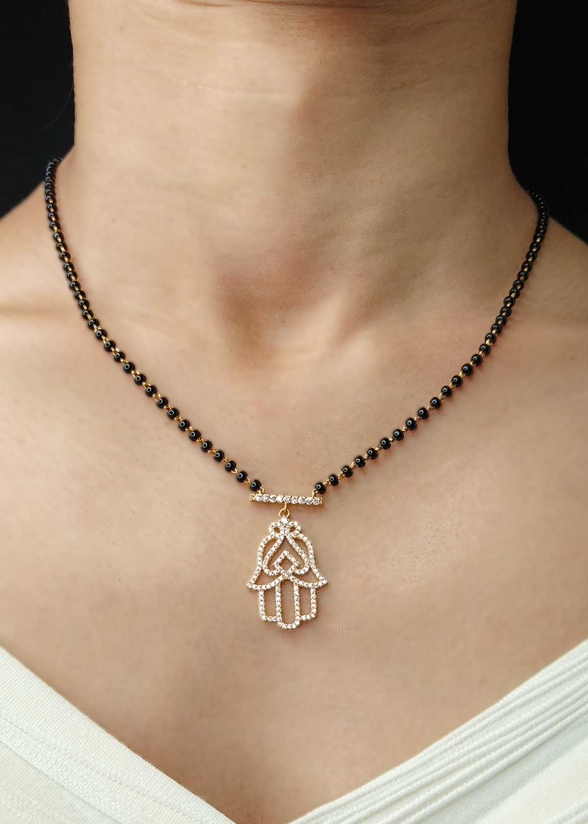 Radiant Hamsa-Inspired Cubic Zircon Gold-Plated Mangalsutra Necklace