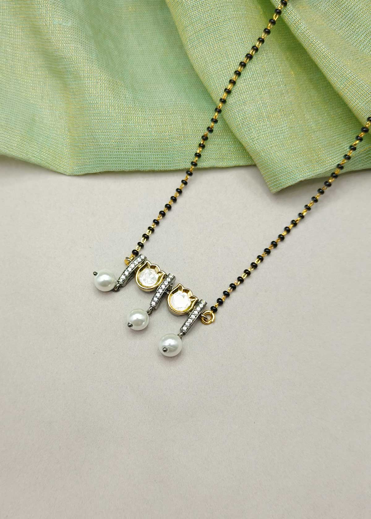Modern Heritage Pearl-Drop Cubic Zircon Kundan Gold Plated Mangalsutra Necklace