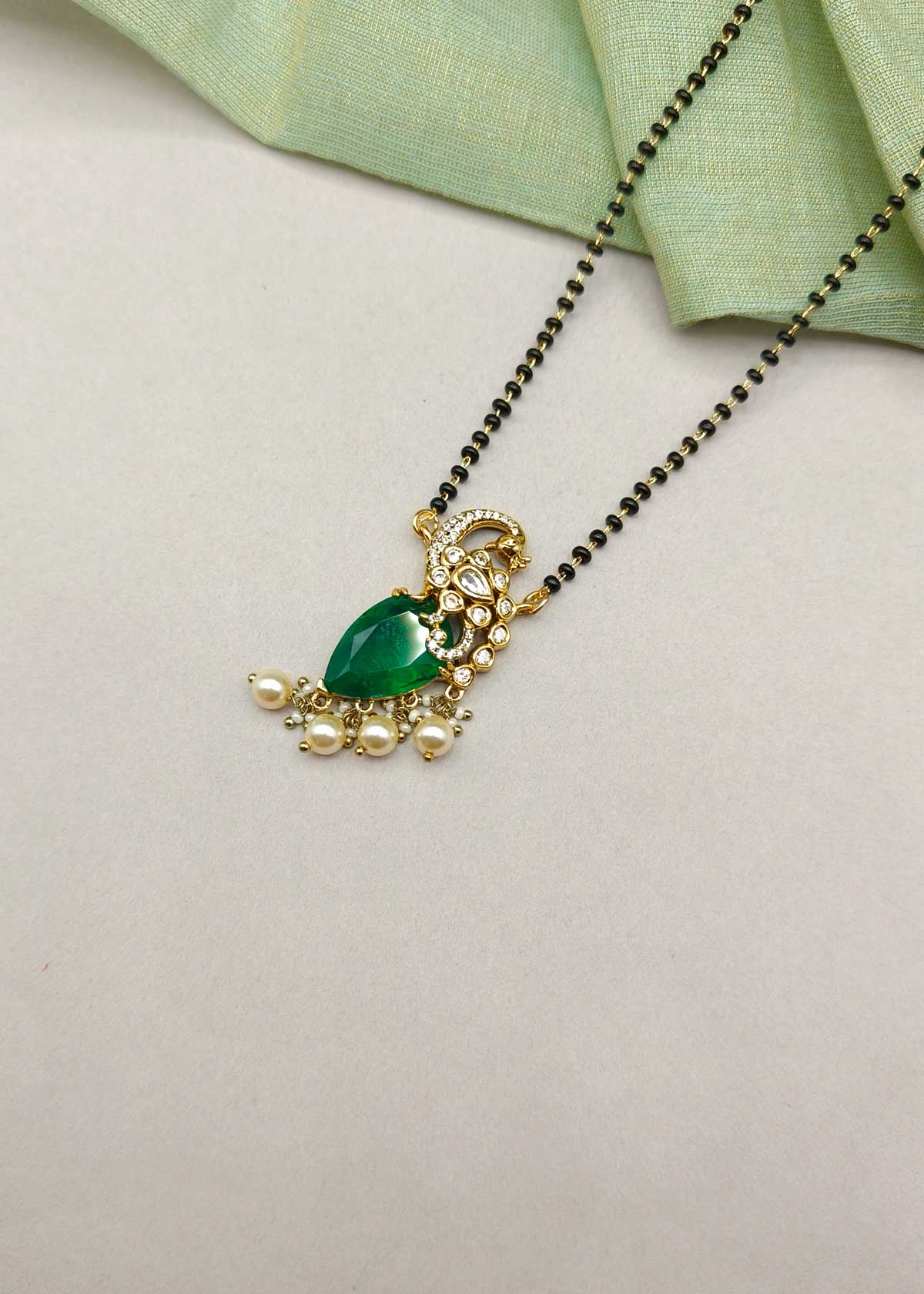 Royal Peacock Ruby Emerlad Pearl And Cubic Zircon Mangalsutra Necklace