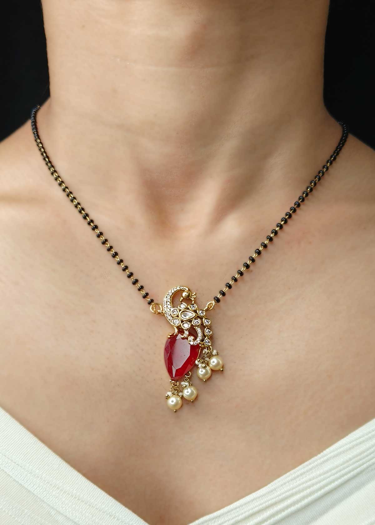 Royal Peacock Ruby Emerlad Pearl And Cubic Zircon Mangalsutra Necklace
