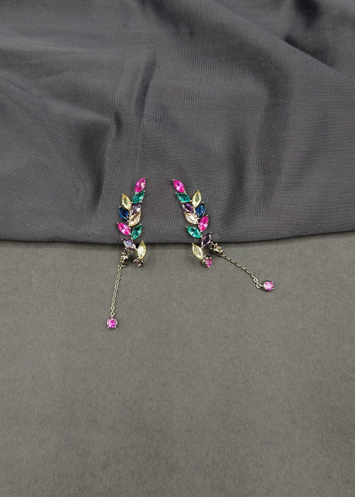 Multicolor Marquise Diamond Silver-Plated Ear Cuff With Dangling Accents