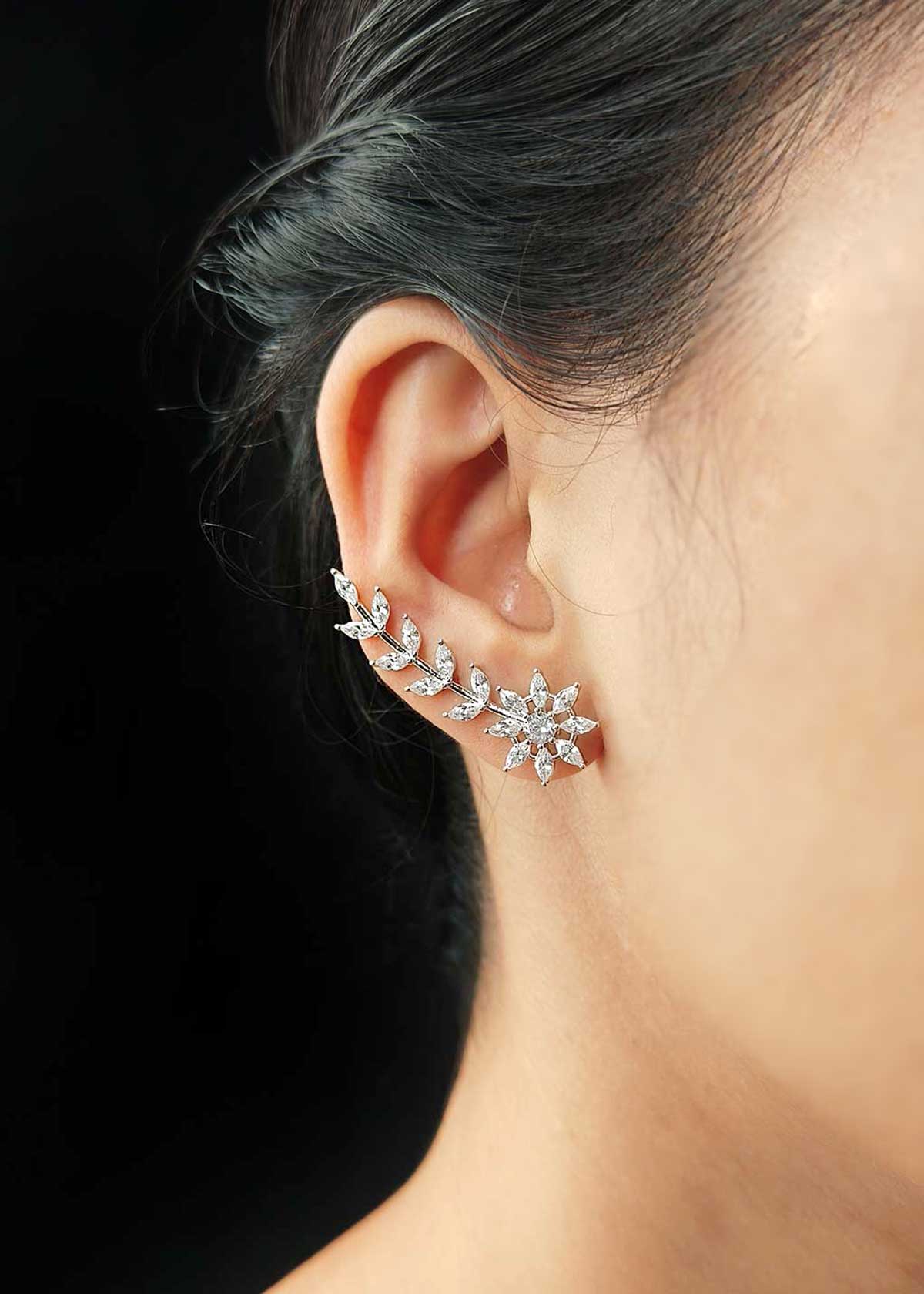 Sparkling Leaf-Vine Ear Cuff Gold And Silver Plated Cubic Zircon Ear Cuff For Women
