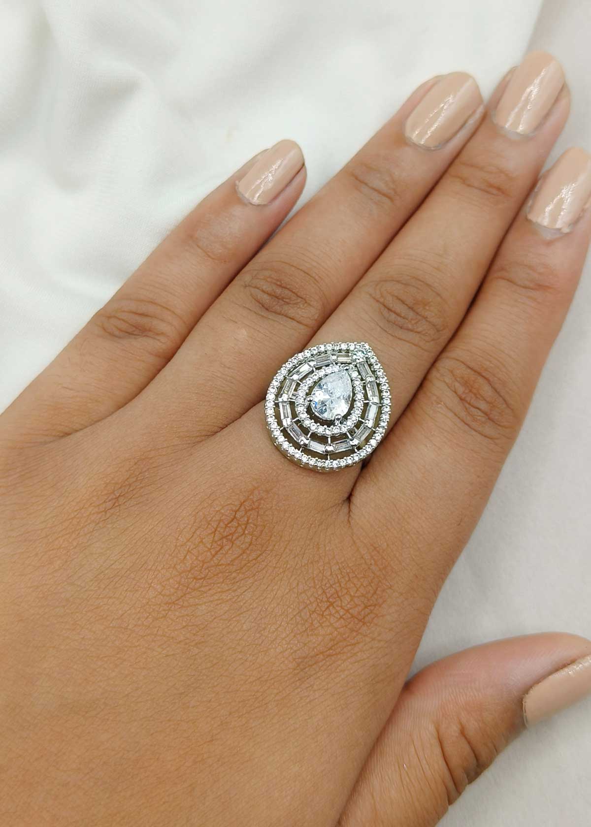 Dazzling Pear-Drop Baguette And Cubic Zircon Adjustable Ring