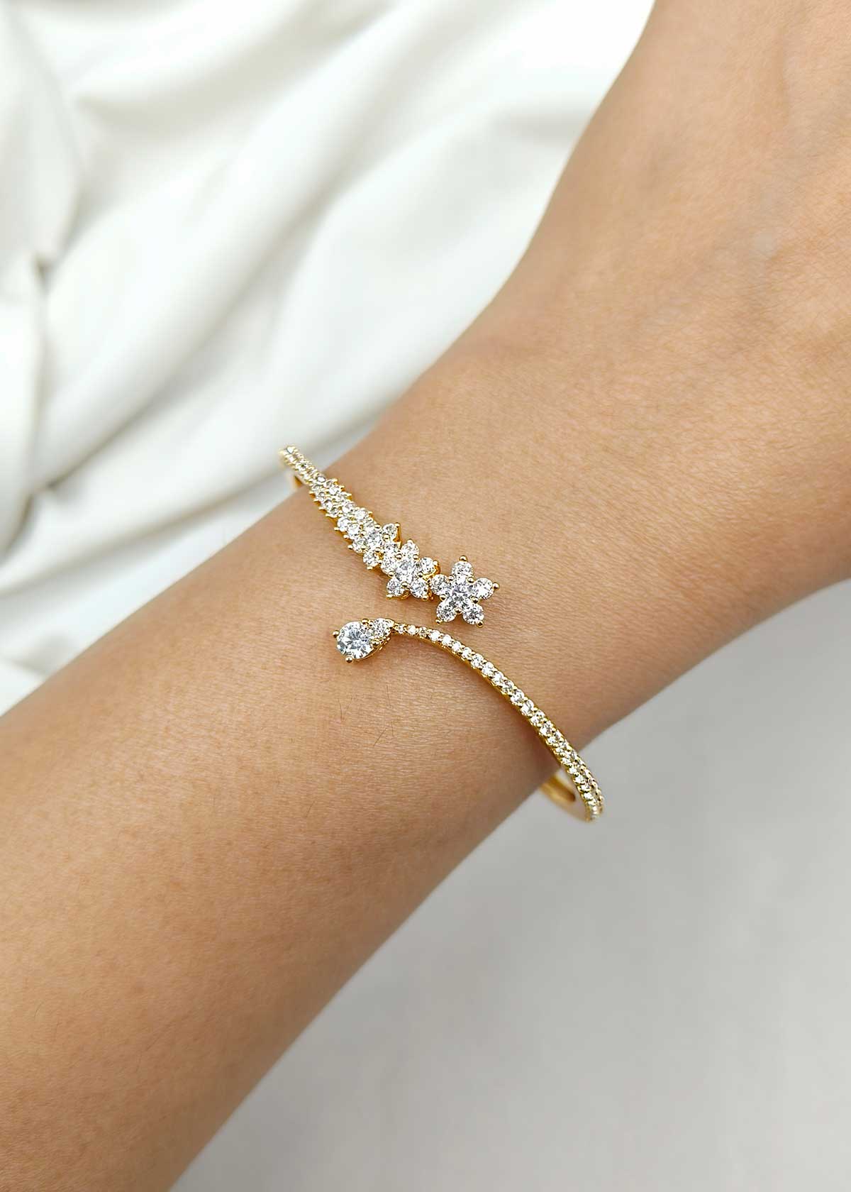 Floral Vine Cubic Zircon Gold and Silver Plated Adjustable Kada For Women