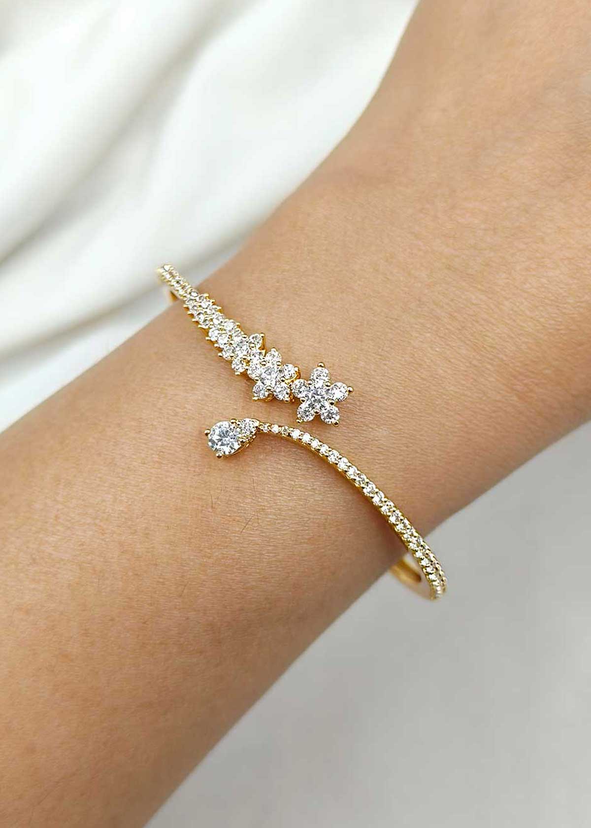 Floral Vine Cubic Zircon Gold and Silver Plated Adjustable Kada For Women