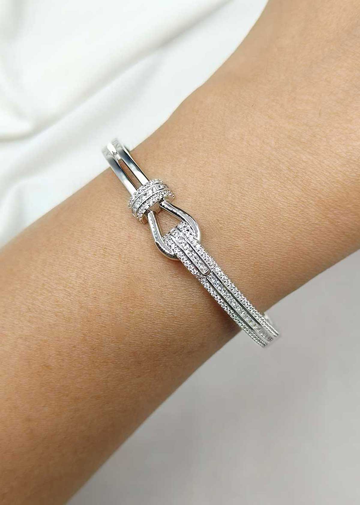 Modern Buckle Design Cubic Zircon Silver Plated Adjustable Kada Bracelet For Women