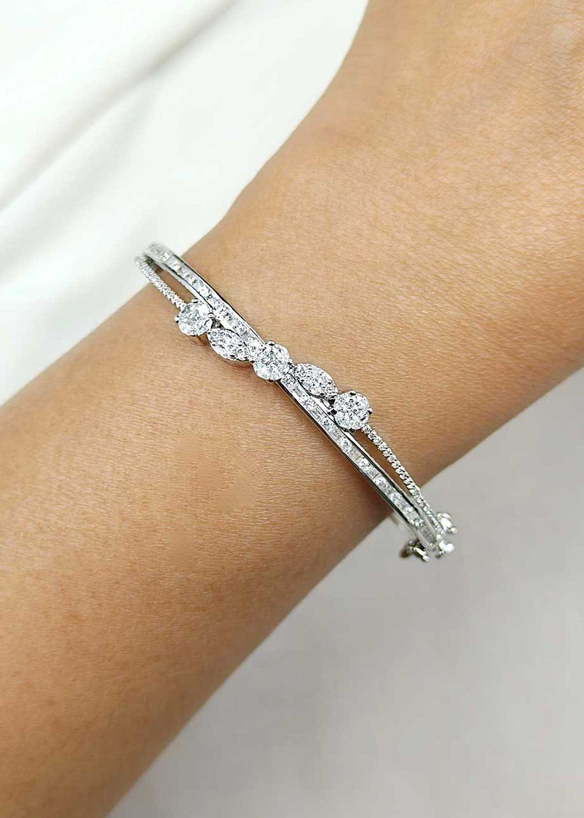 Elegant Silver Plated Cubic Zircon Marquise & Baguette Diamond Openable Kada Bracelet