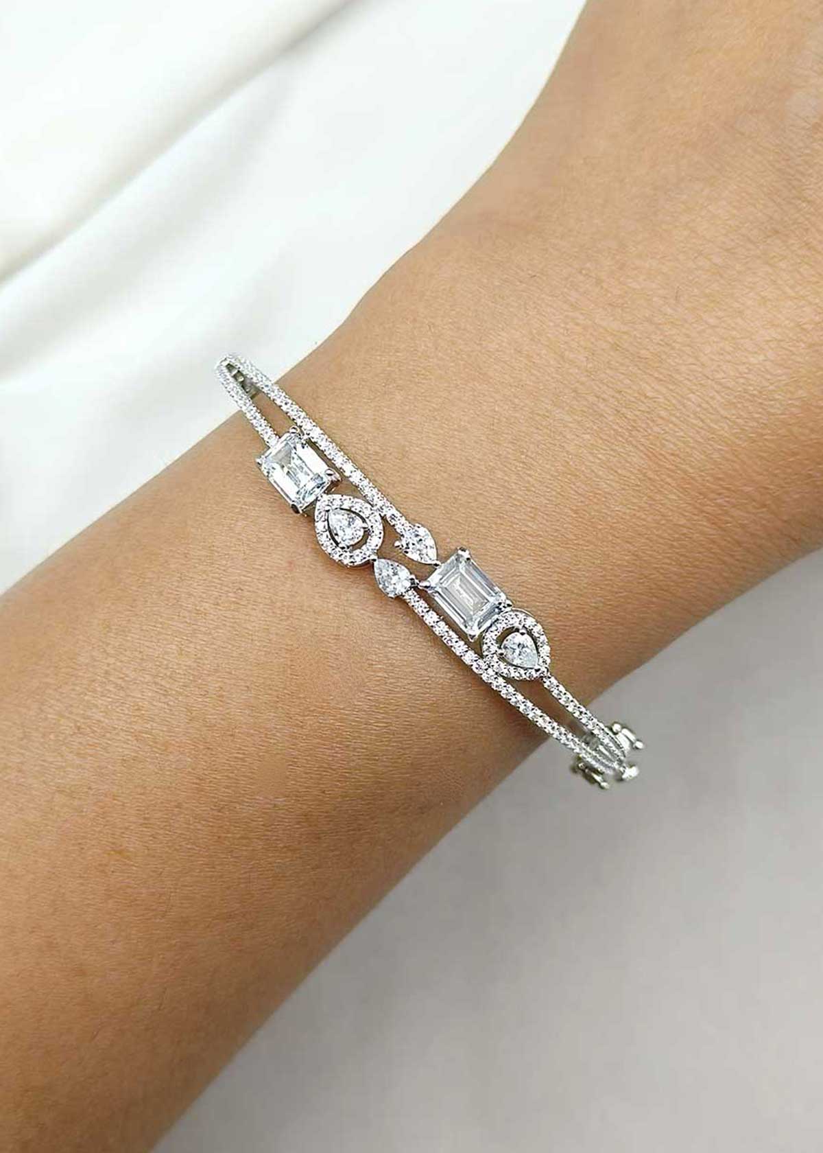Luxe Silver Plated Multi-Cut Cubic Zircon Openable Kada Bracelet