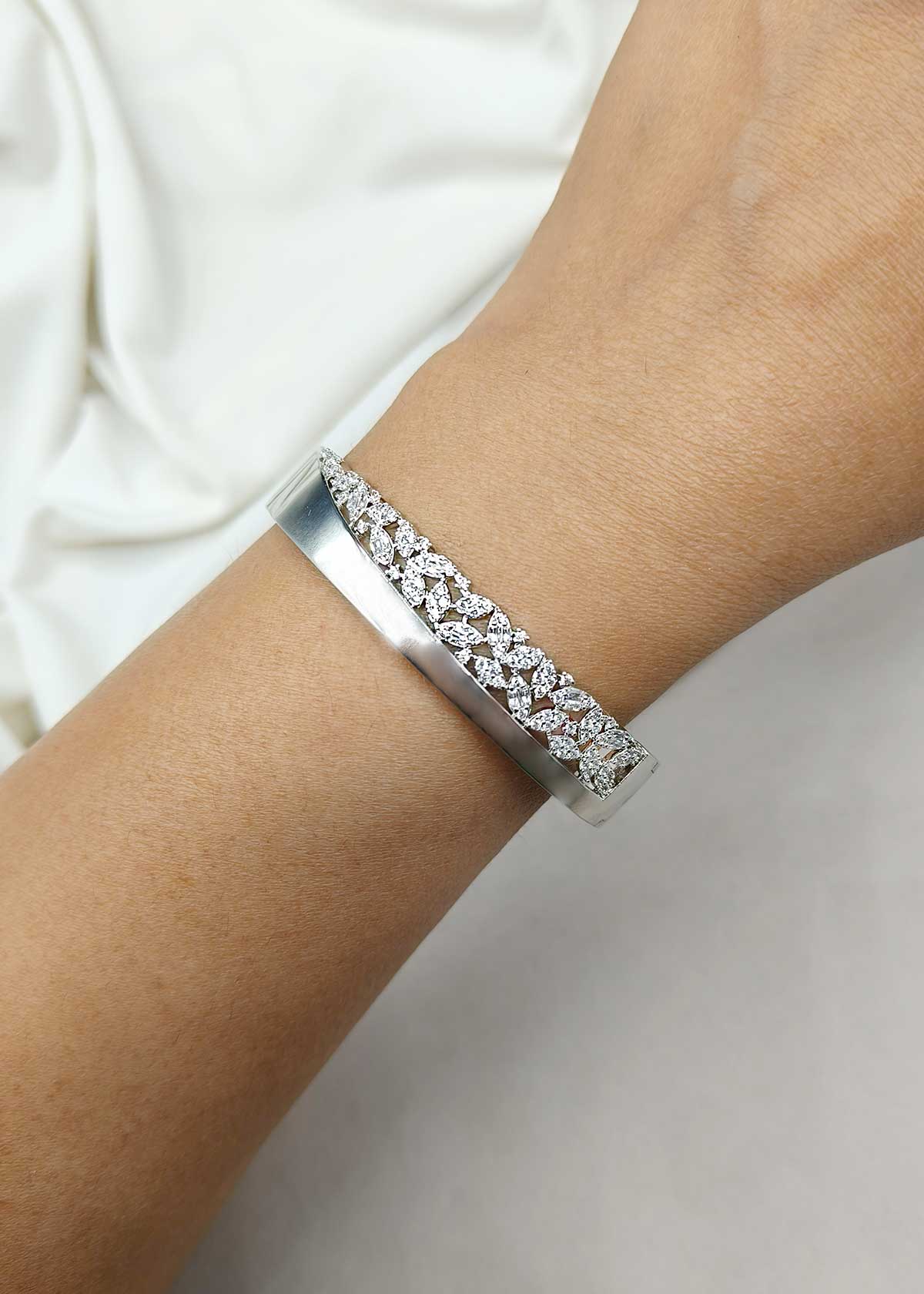 Contemporary Silver Plated Geometric Cubic Zircon Statement Kada