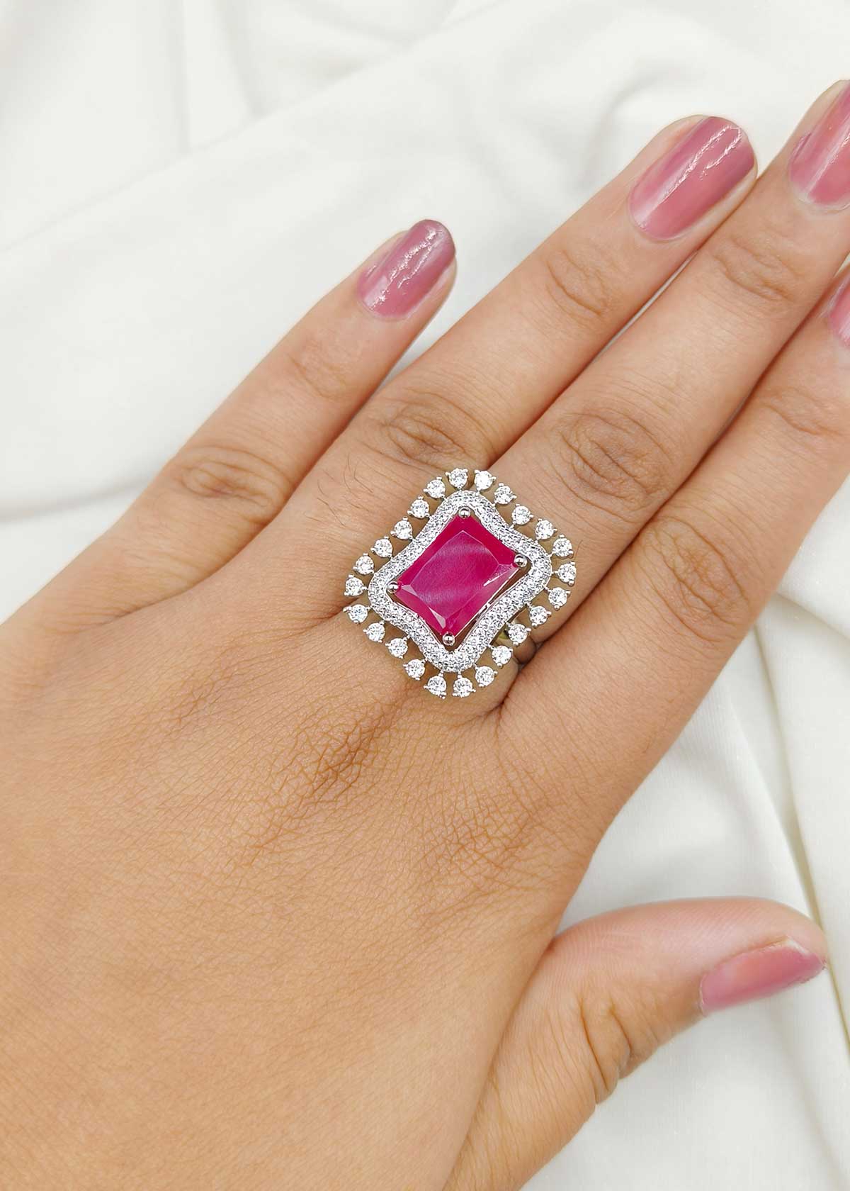 Rectangular-Stone Cubic Zircon Gold-Silver Plated And Silver Plated Adjustable Finger Ring