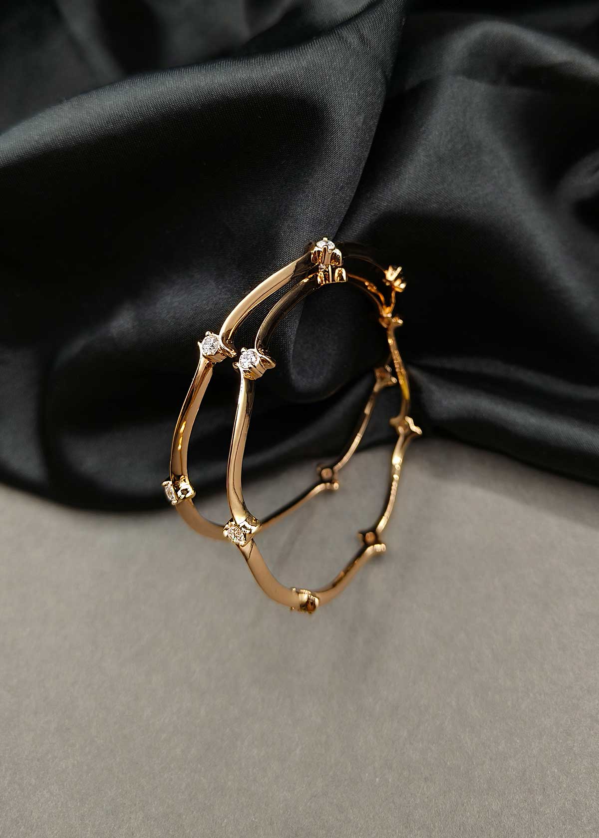 Minimalist Wave-Inspired Cubic Zirconia Gold-Plated Fixed Bangle (Pair)